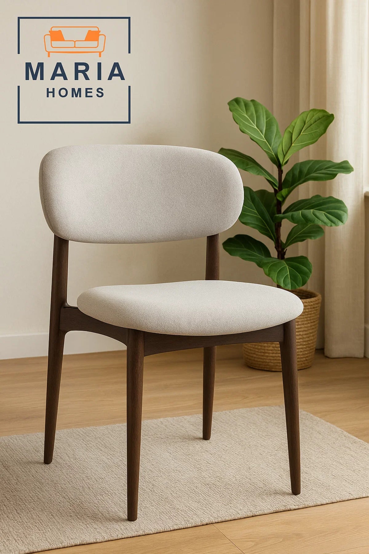 Beige Dining Chair Ð Modern Fabric Upholstered Seat with Wooden Legs