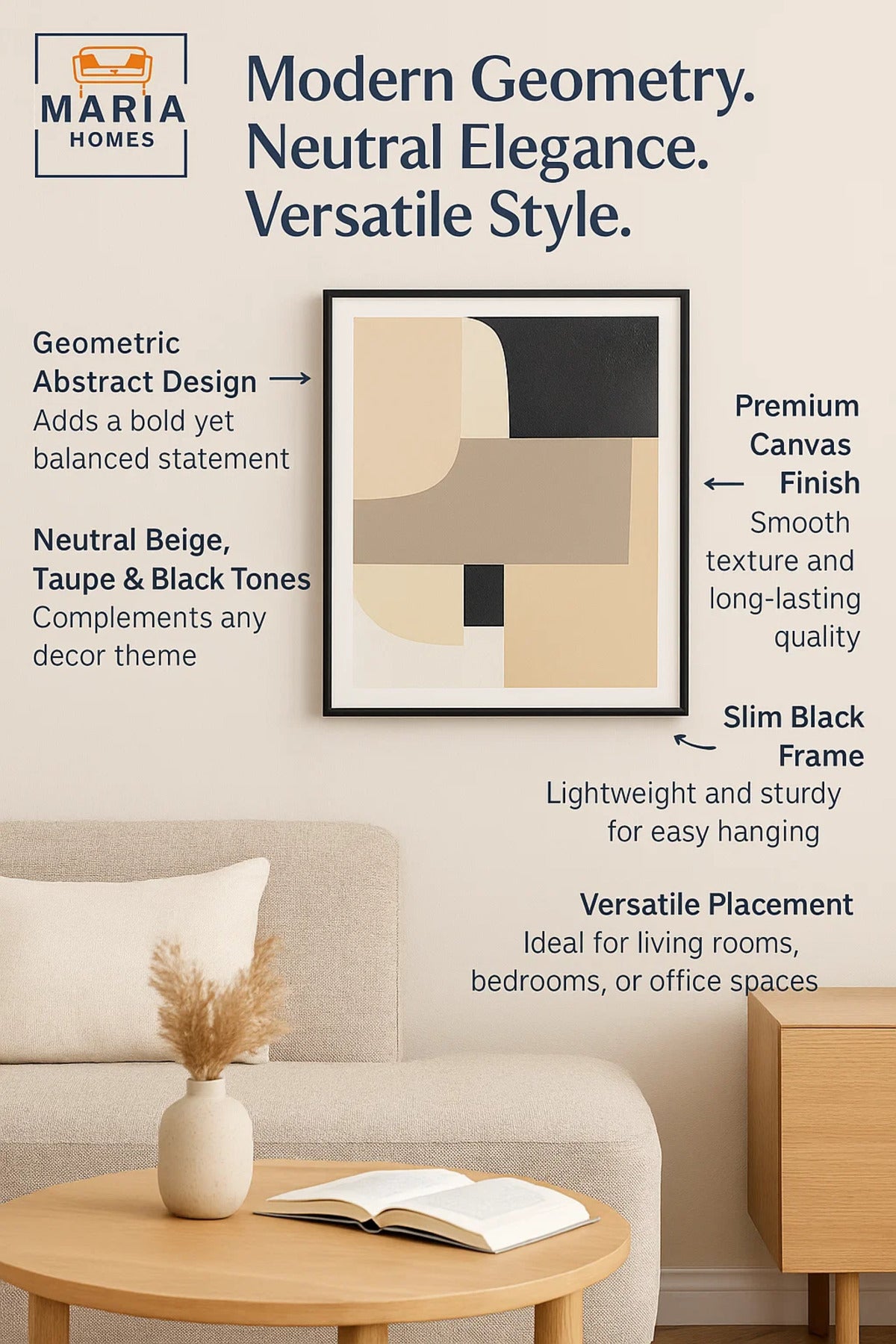 Neutral Abstract Geometric Canvas Wall Art in Beige and Black-size80*120 CM