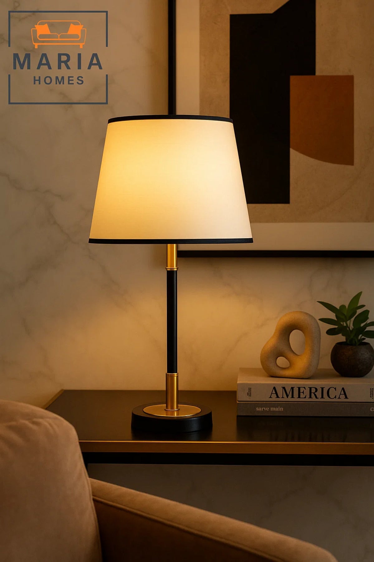 Slim Black and Gold Table Lamp with White Shade