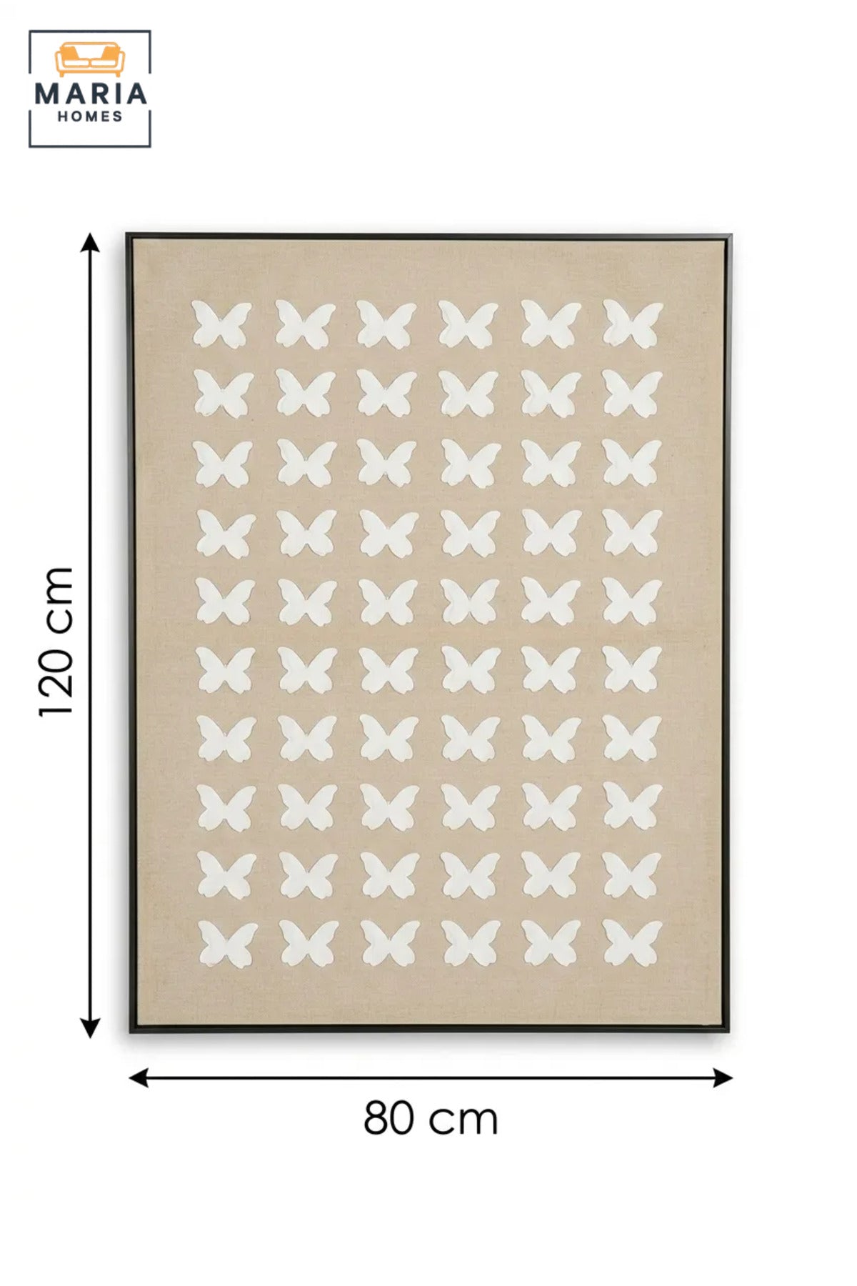 Modern Butterfly Textured Wall Art with Slim Black Frame, White Pattern on Neutral Beige Canvas for Living Room, Bedroom, Hallway and Office Décor