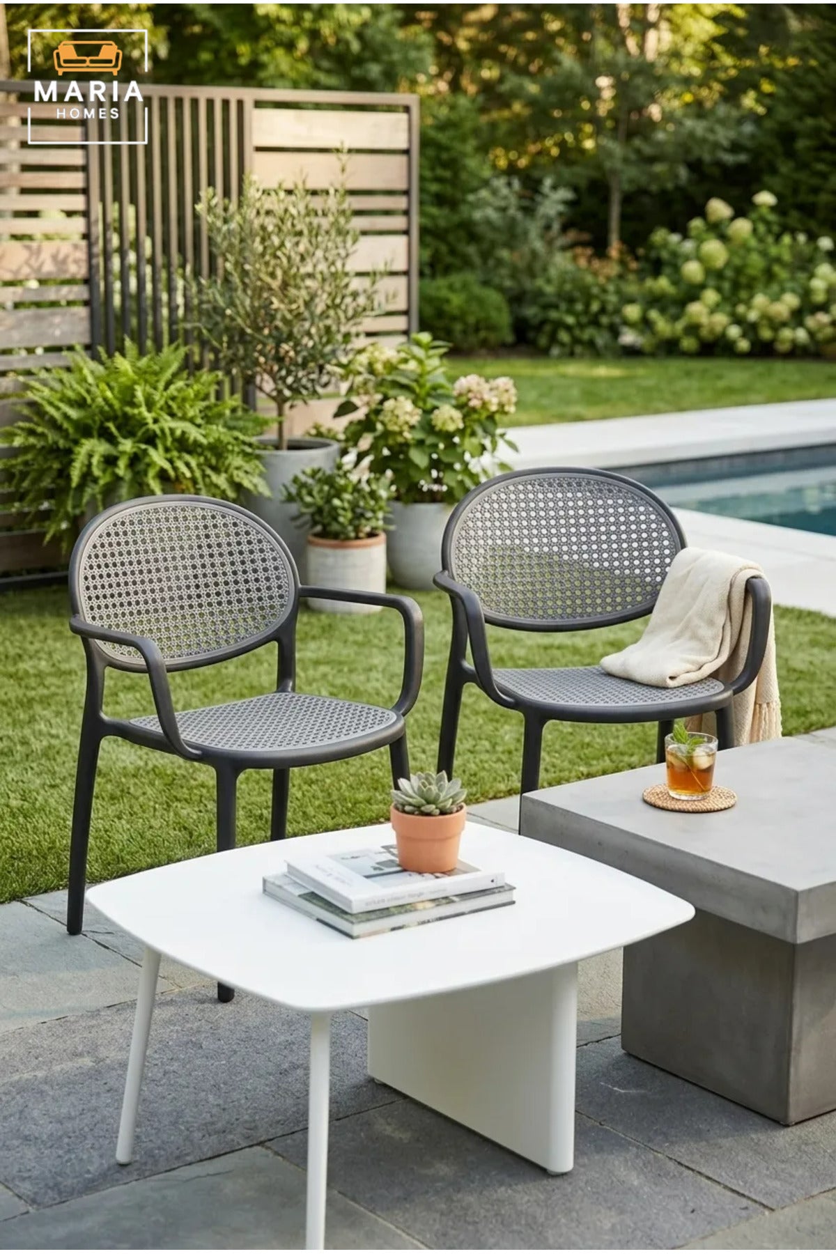 Modern Outdoor Dining Chair with Rattan-Style Backrest, Supportive Armrests and Durable Frame for Garden, Patio, Balcony, Café and Restaurant