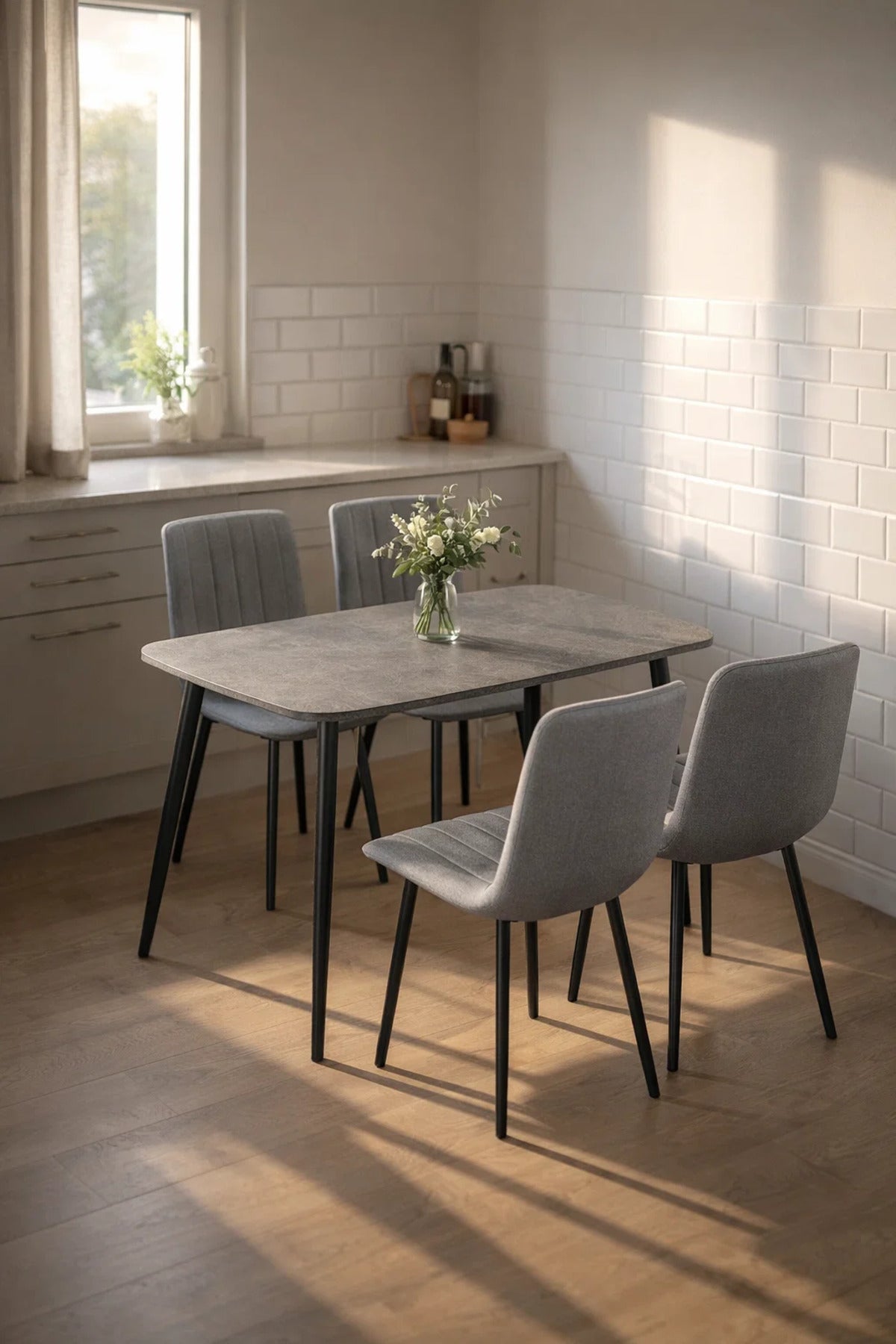 Modern Grey Dining Room Set 4 Fabric Chairs Stone Pattern Table Black Metal Legs 130x80cm Kit