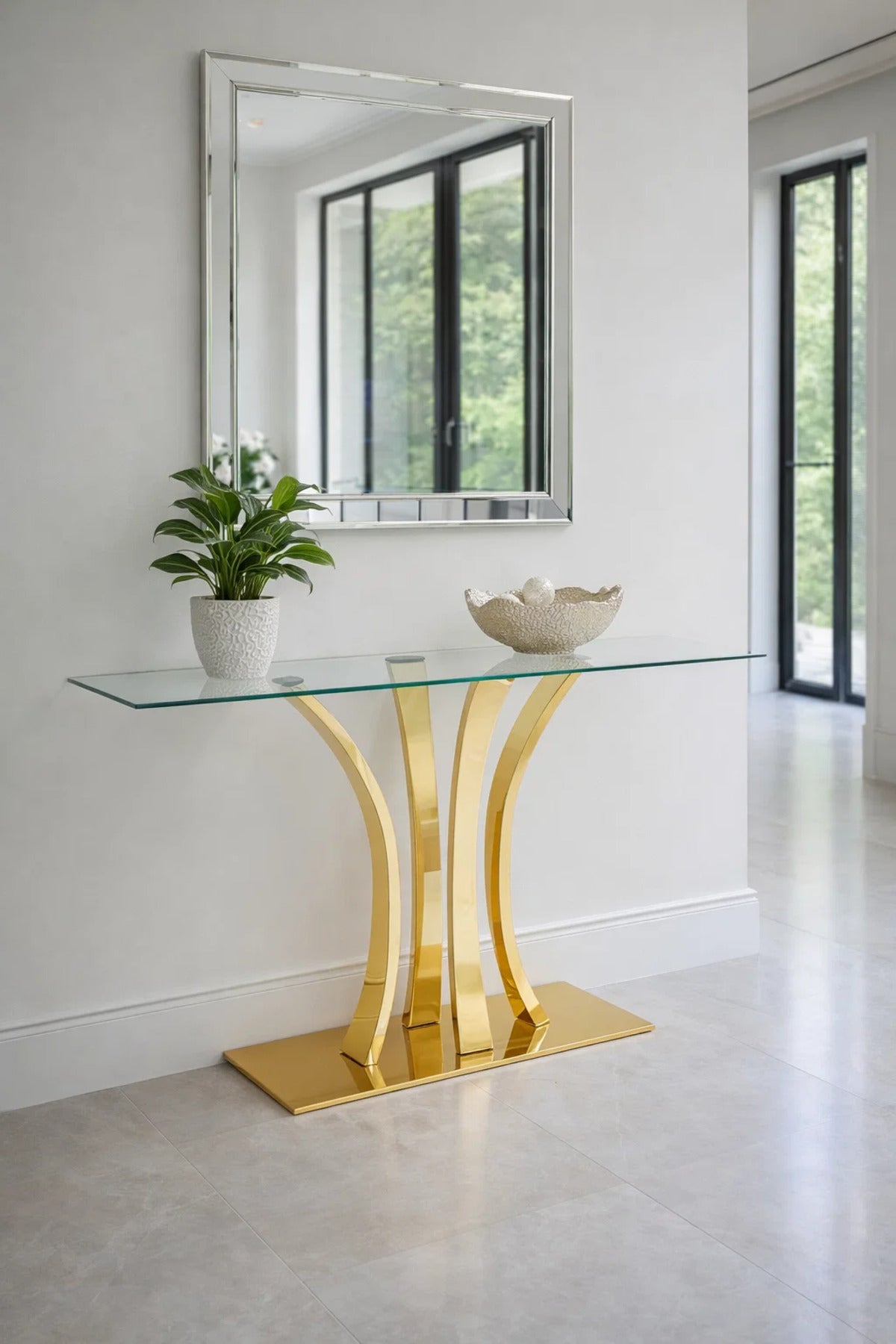 Luxury Gold Metal Console Table with Glass Top Modern Entryway Furniture for Hallway Living Room
