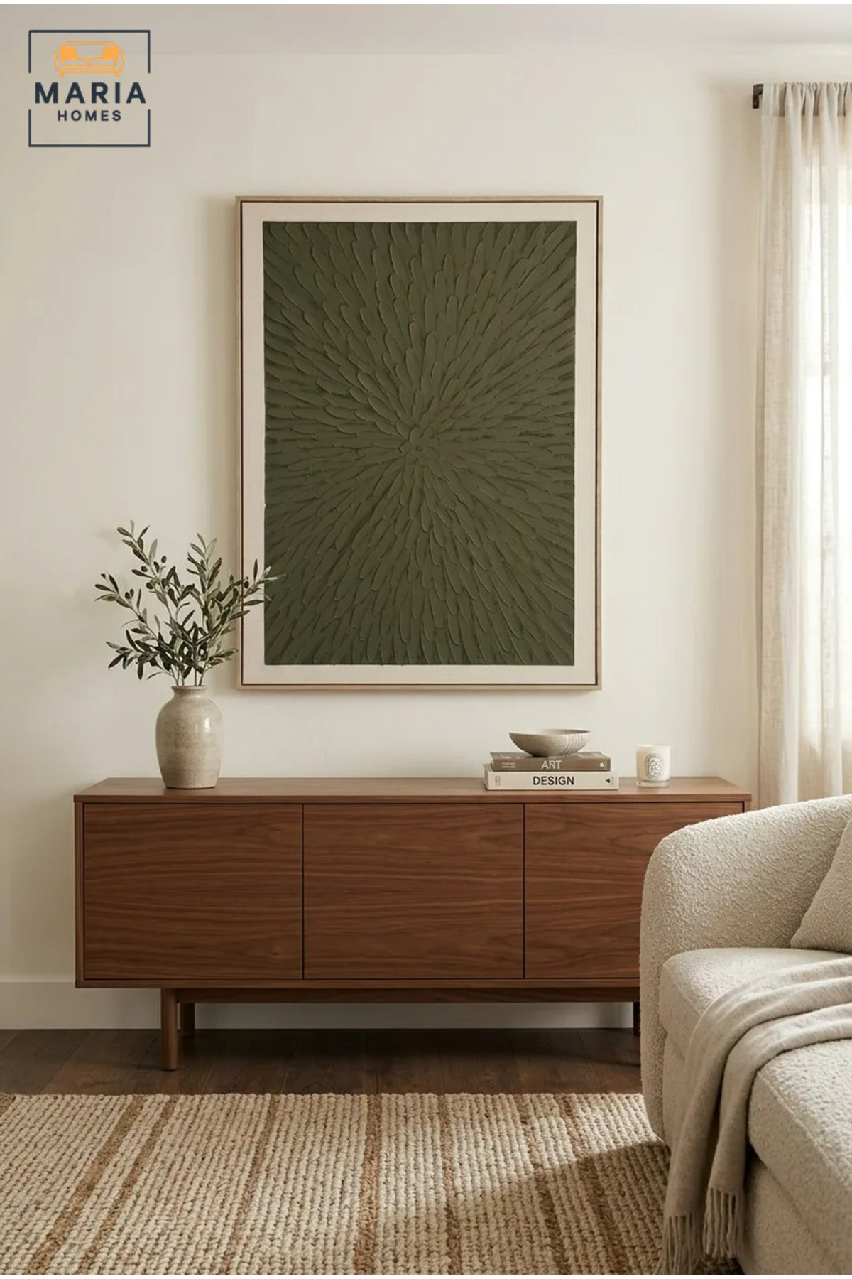 Modern Abstract Textured Wall Art with Natural Frame, Olive Green Botanical Relief Design for Living Room, Bedroom, Hallway and Office Décor