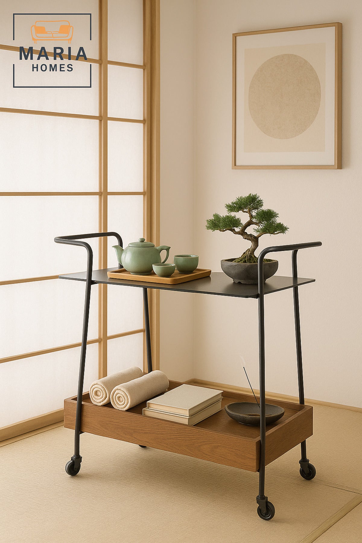 Bar Trolley with Brown Wooden Tray & Gray Glass Top Ð Modern Serving Cart with Wheels 70_45_85 cm