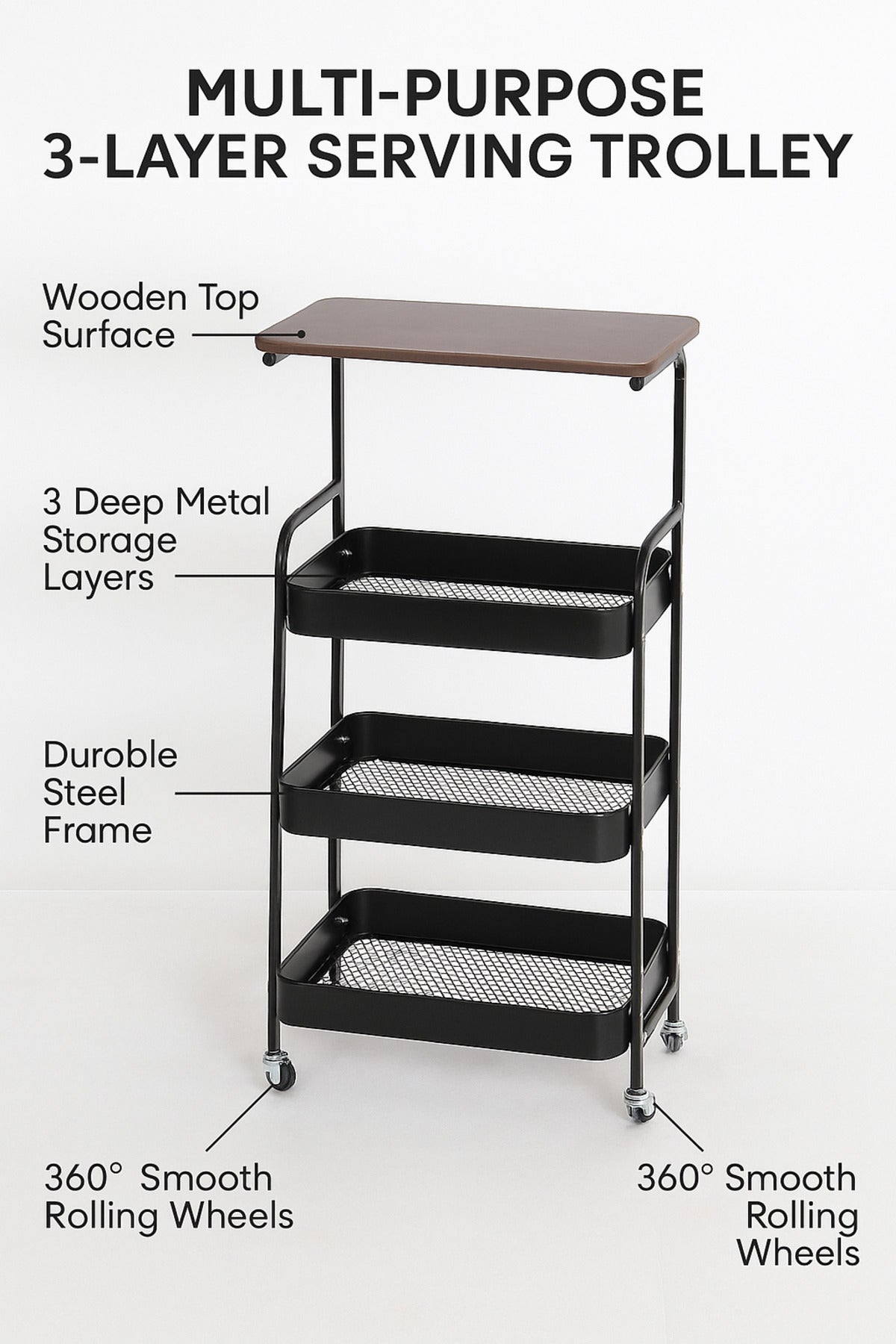 3-Tier Black Metal Storage Trolley with Wooden Top Ð Multi-Purpose Rolling Organizer Cart