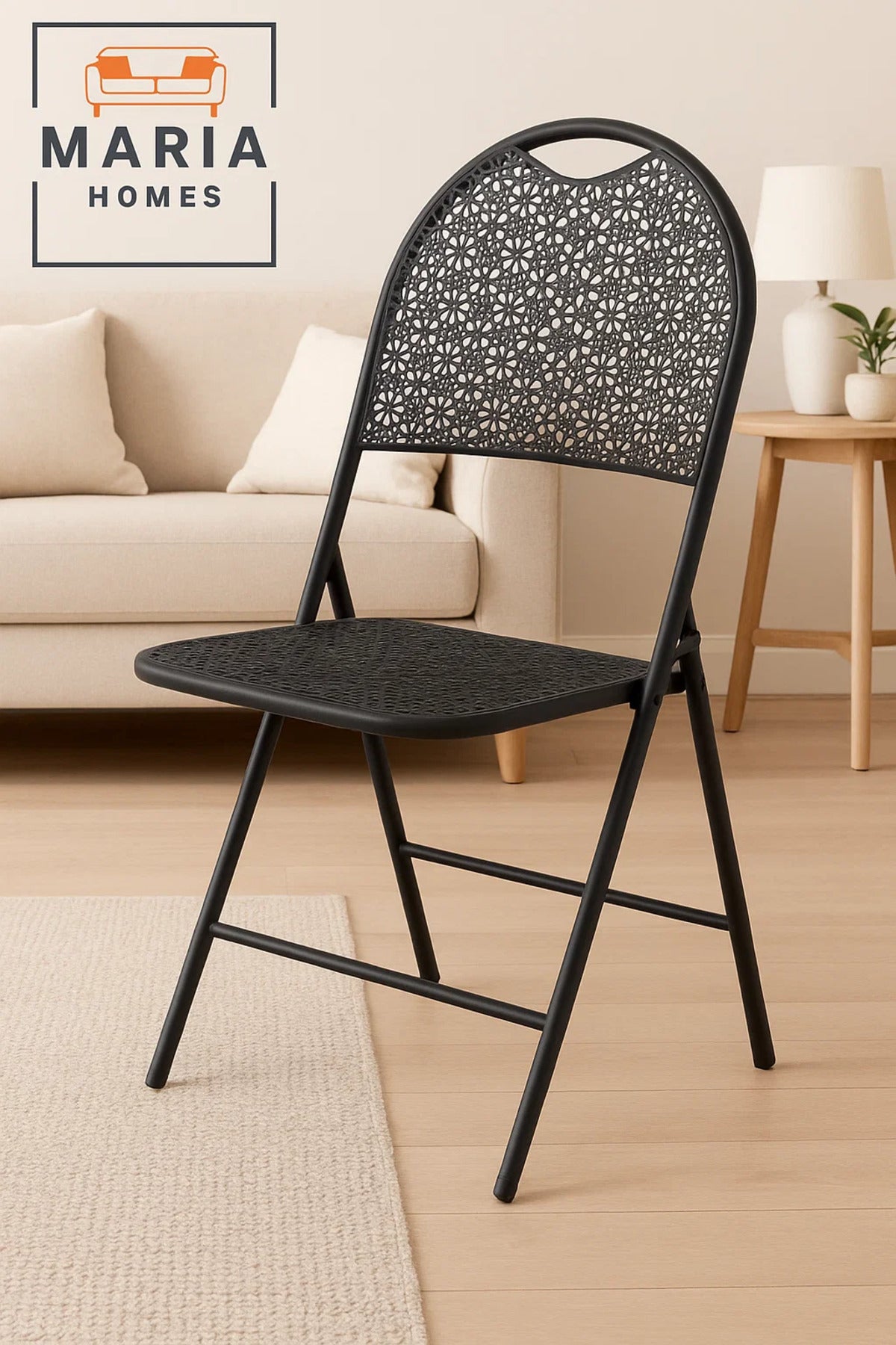 Black Folding Chair with Intricate Patterned Back Ð Space-Saving Outdoor & Indoor Seating