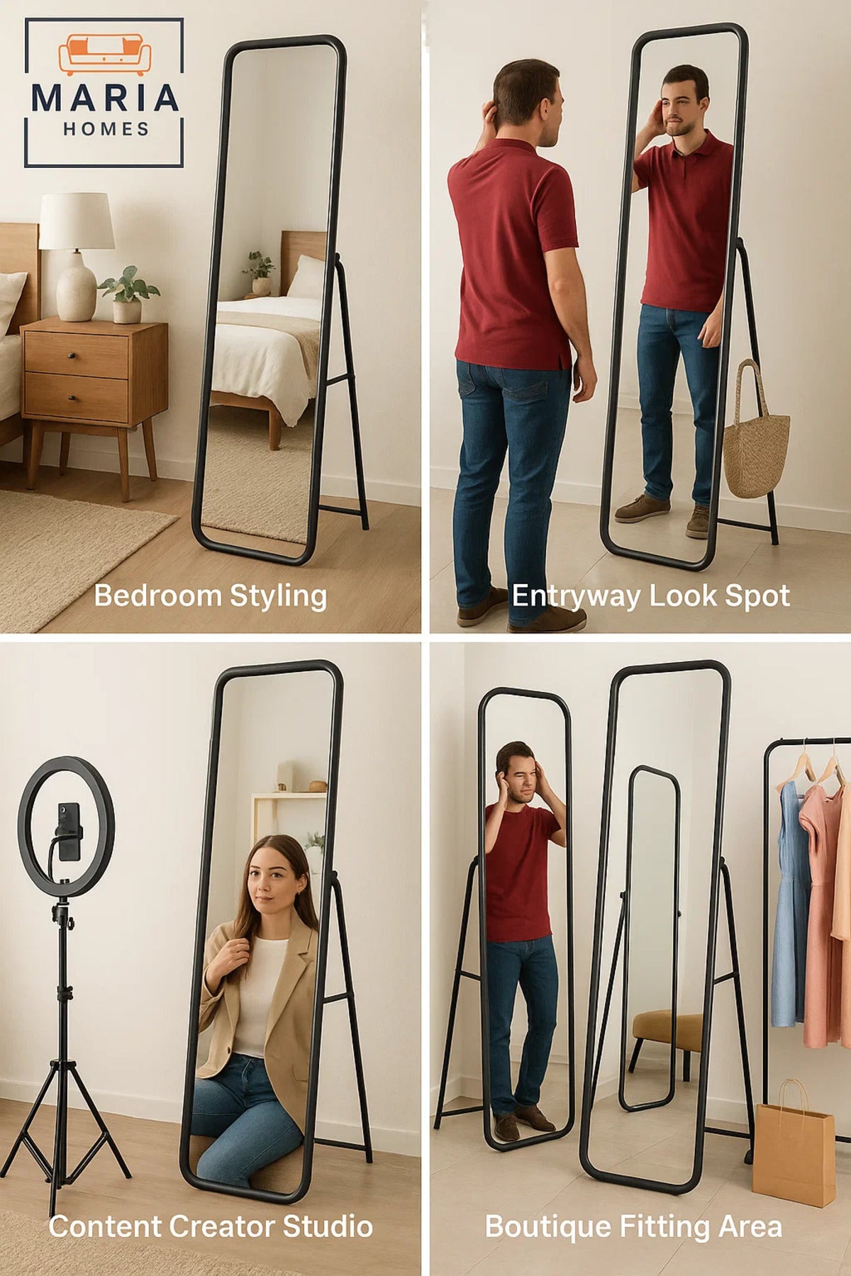 Black Full-Length Standing Mirror with Rounded Frame Sleek Design for Modern Bedroom or Dressing
