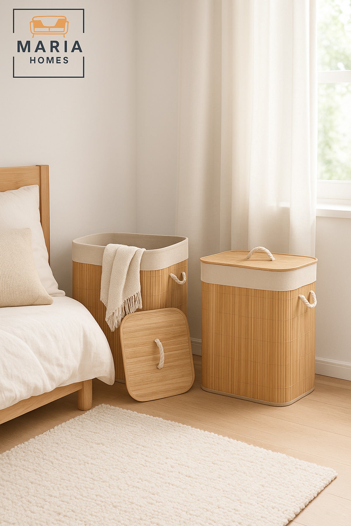 Natural Bamboo Laundry Basket with Lid & Rope Handles Ð 40_30_57 cm