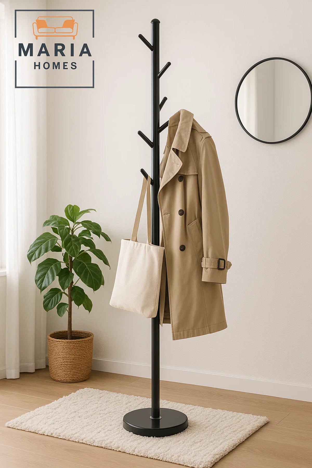 Slim Black Metal Coat Rack with Angled Peg Hooks