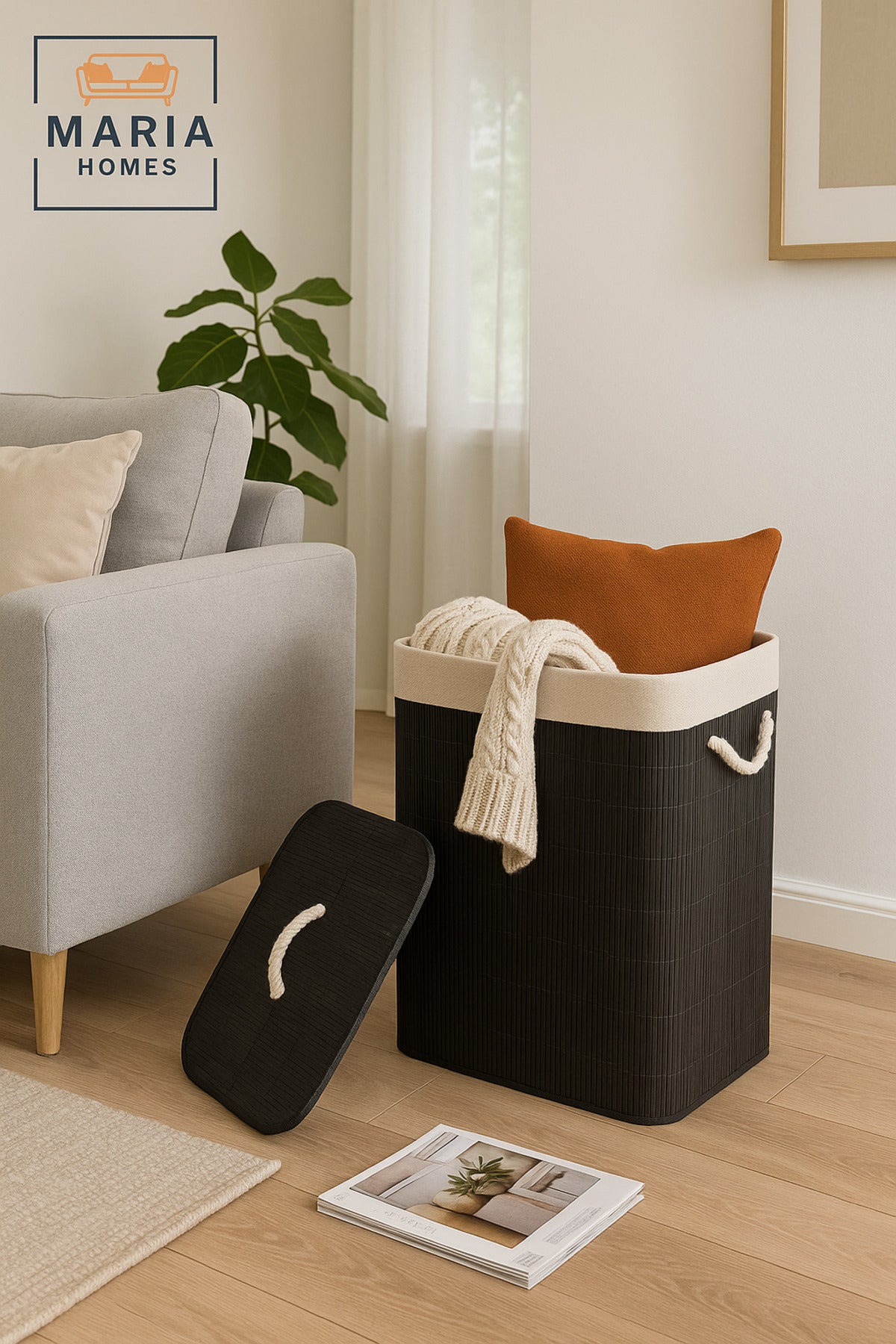Black Bamboo Laundry Basket with Lid & Rope Handles Ð 40_30_57 cm