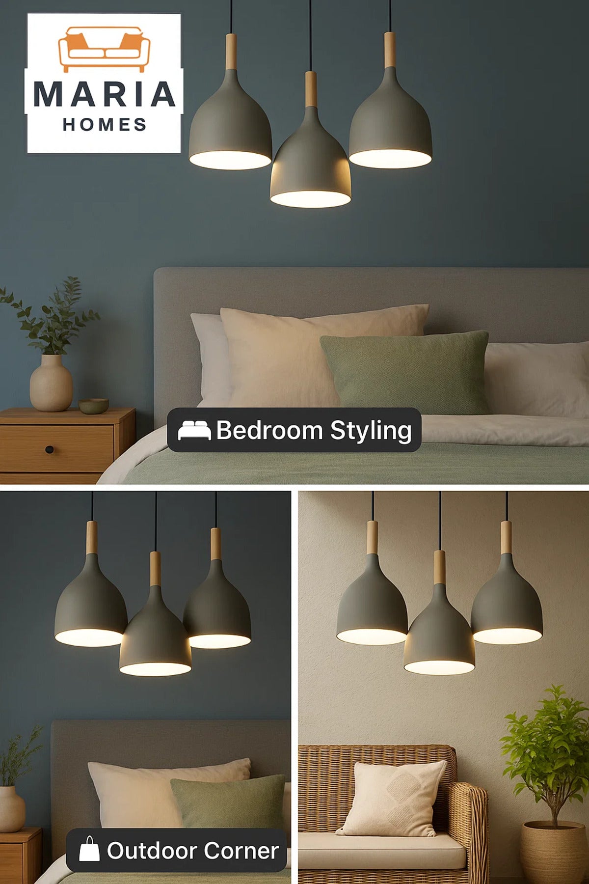 Triple Pendant Light with Wood and Matte Grey Finish