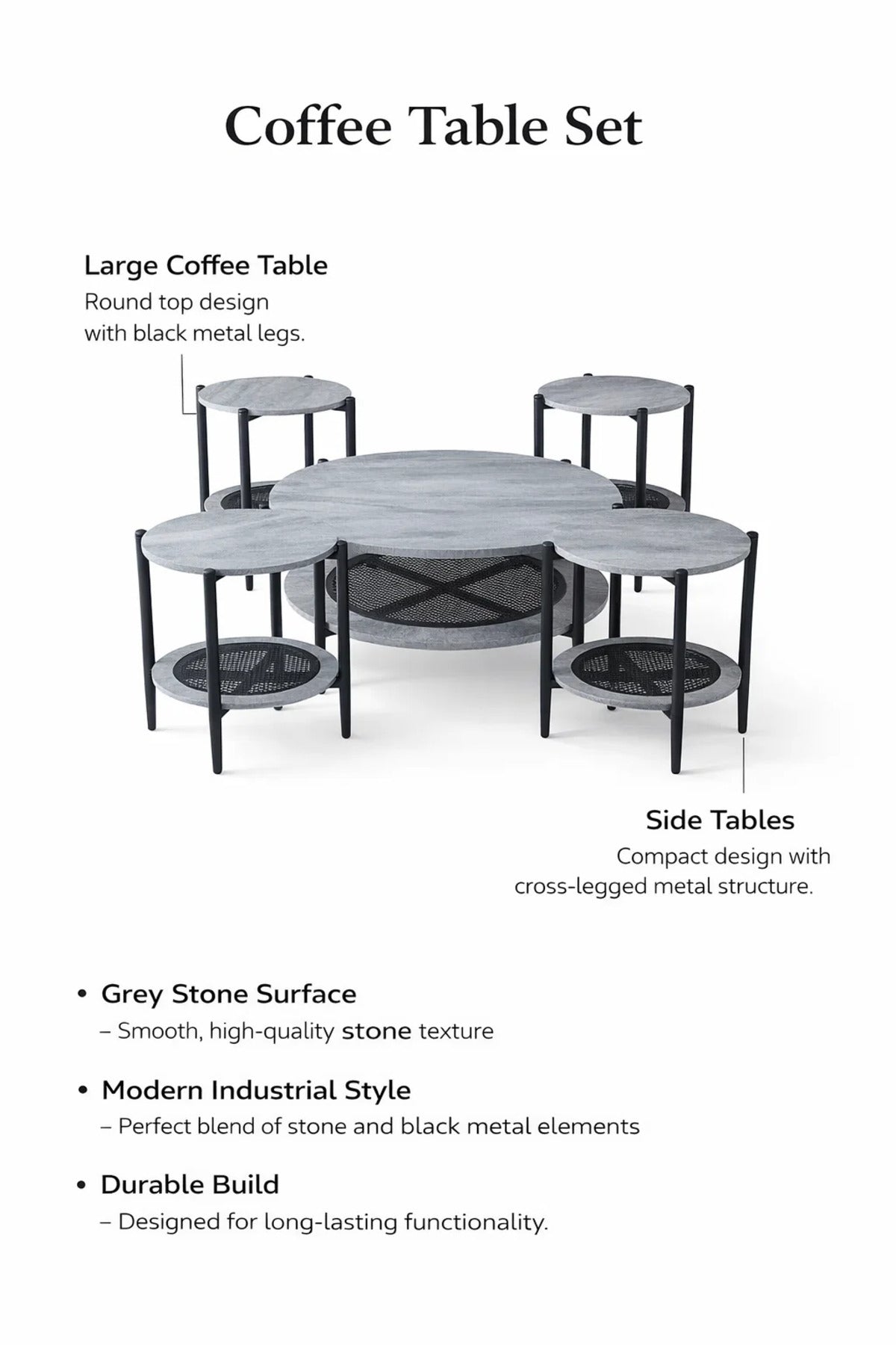 Contemporary Grey Wood Round Coffee Table Set 1+4 with Metal Legs for Stylish Home Living Room