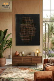 Modern Abstract Wall Art with Slim Black Frame, Gold Linear Geometric Design on Black Canvas for Living Room, Bedroom, Hallway and Office Décor