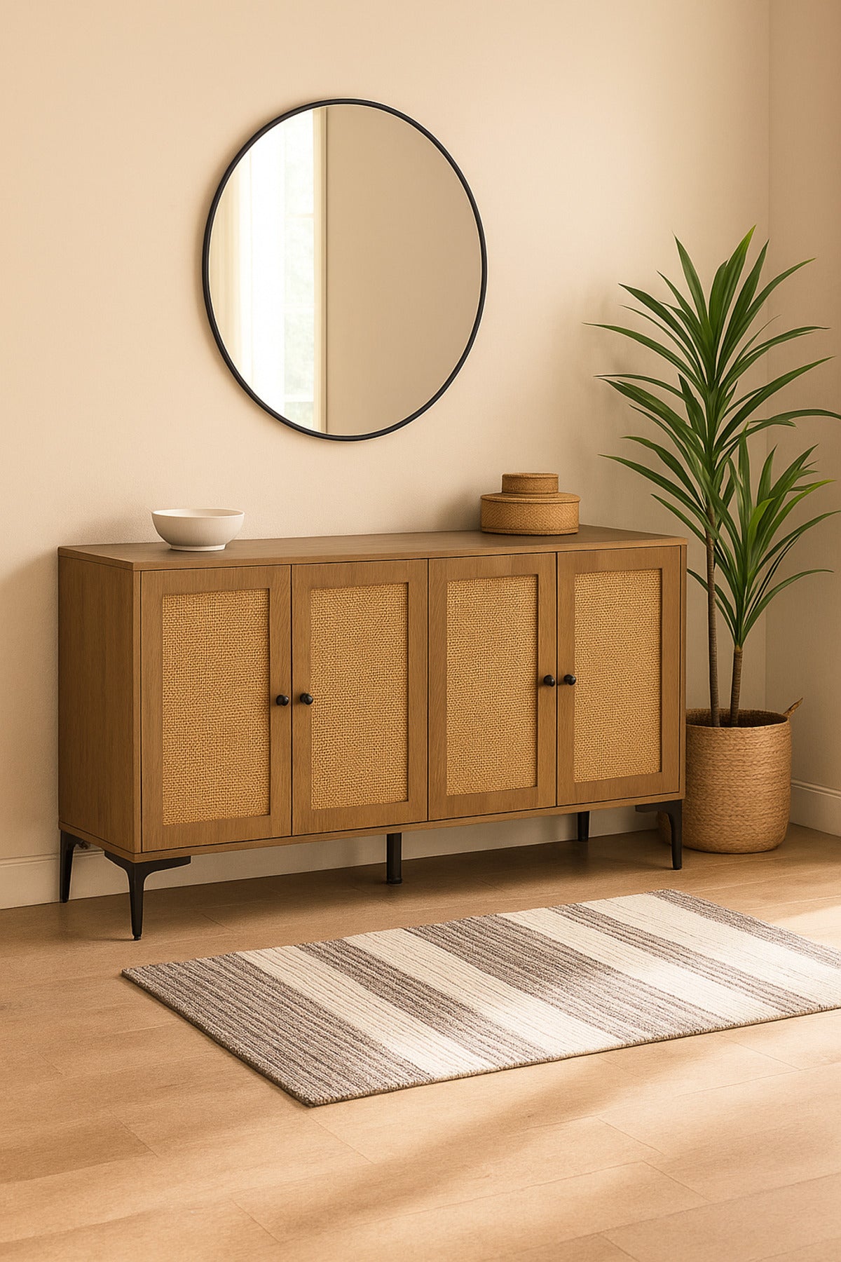 Brown Rattan Console Table 160_40_85 cm Ð Modern Wooden 4-Door Storage Cabinet with Black Metal Legs