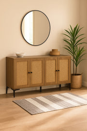 Brown Rattan Console Table 160_40_85 cm Ð Modern Wooden 4-Door Storage Cabinet with Black Metal Legs