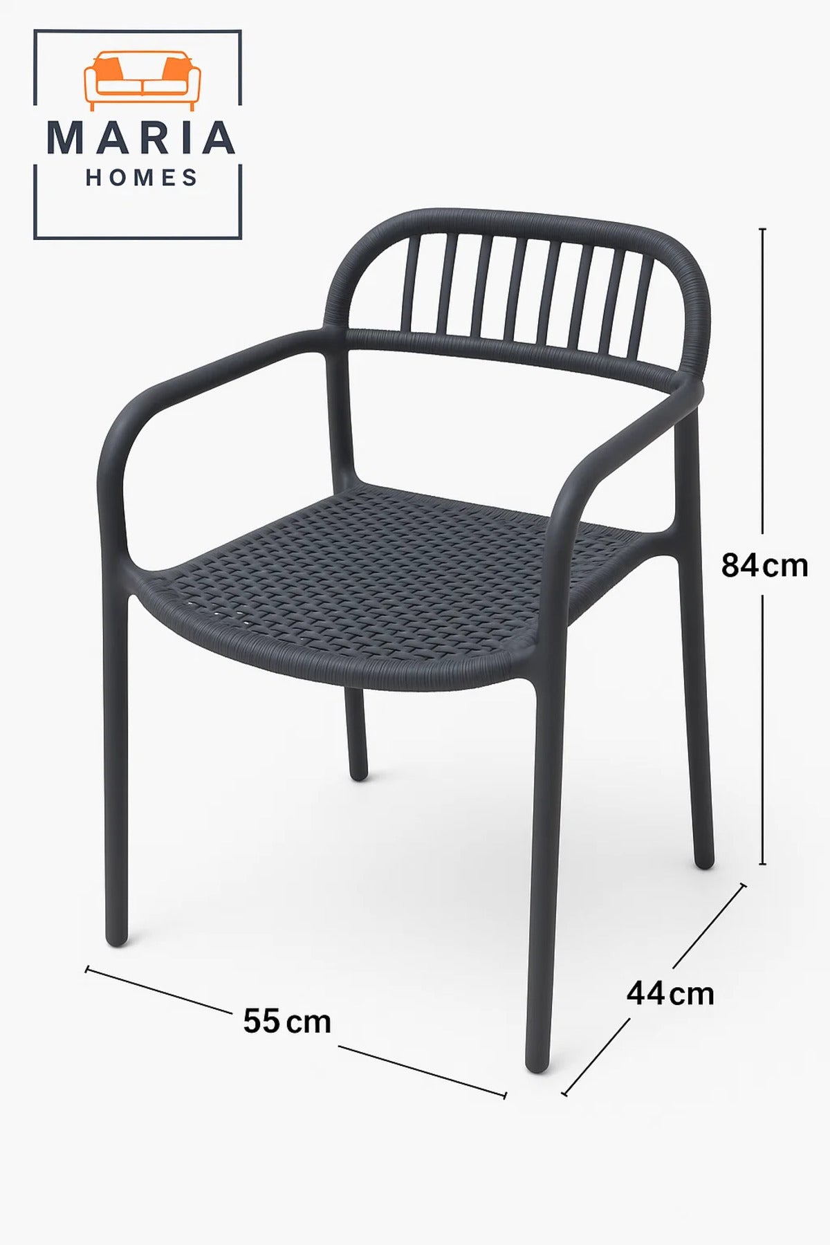 Grey Woven Plastic Chair with Armrests Ð Modern Indoor Outdoor Rattan-Style Stackable Patio Seating