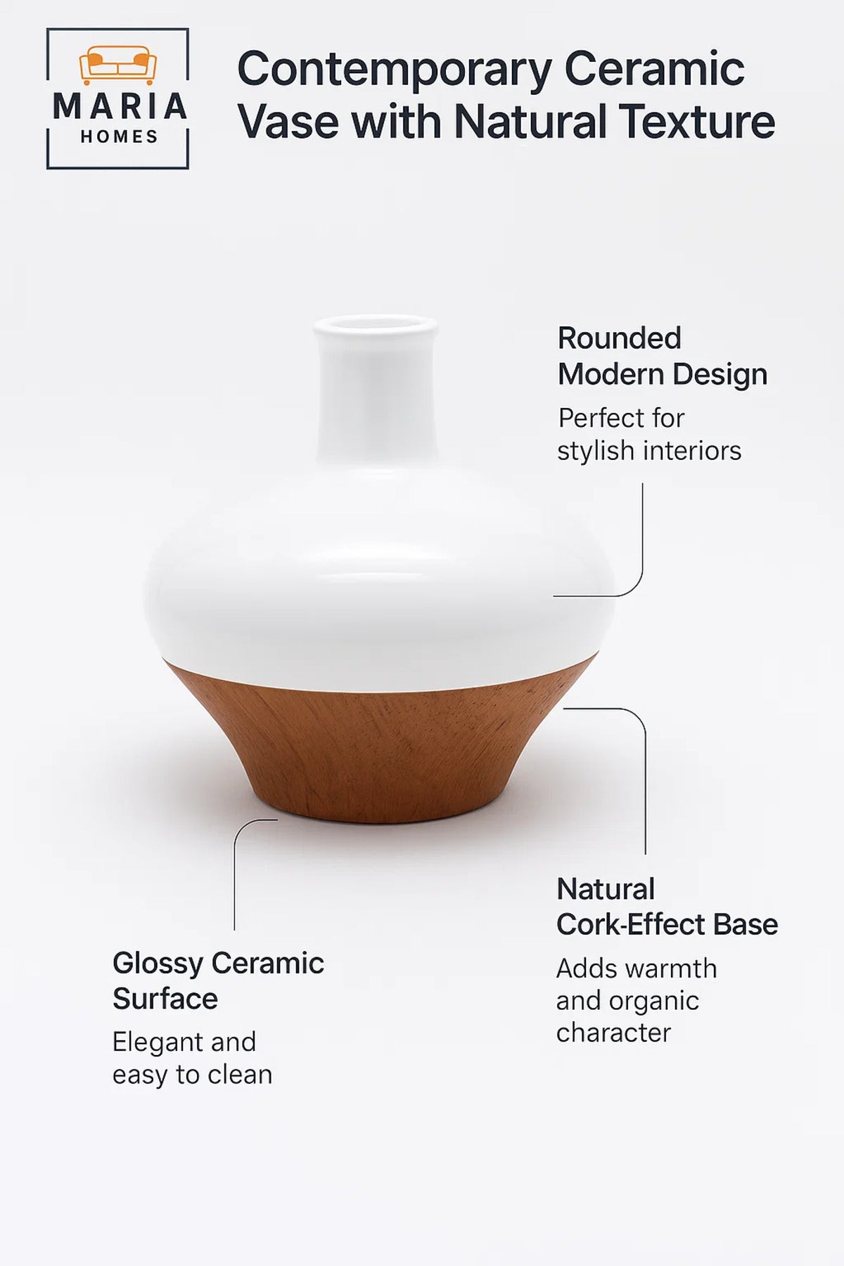 White and Cork Finish Ceramic Vase – Wide Round Decorative Flower Pot
