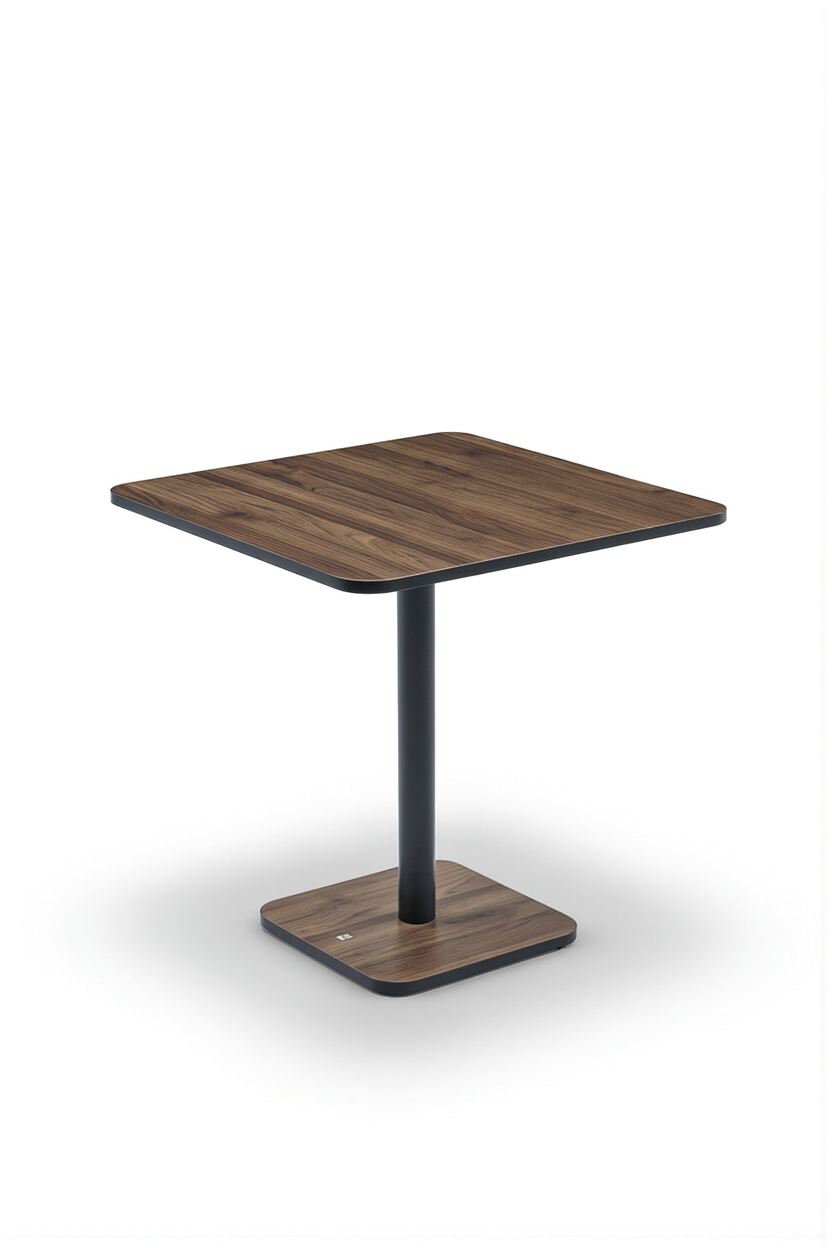 Modern Square Dining Table Brown Melamine Wood Top Sturdy Black Metal Pedestal Base 70x70cm Size