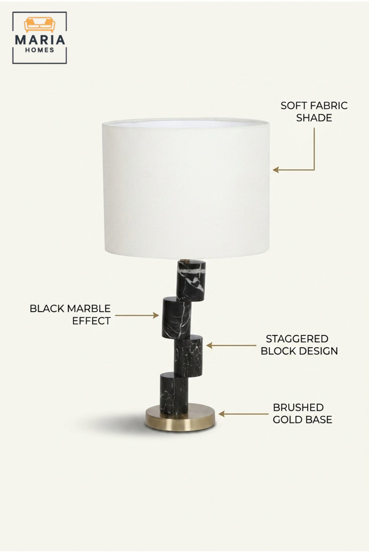 Modern Black Marble Effect Table Lamp with Geometric Column, White Fabric Drum Shade and Gold Base Decorative Bedside Light for Home and Office