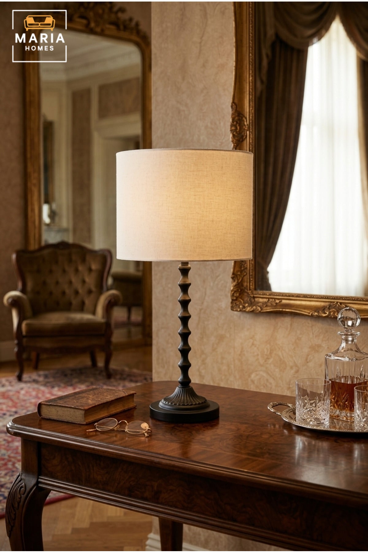 Classic Table Lamp with Cylindrical Fabric Shade, Decorative Sculpted Base and Stable Round Stand for Bedroom, Living Room, Office, Hotel and Side Table