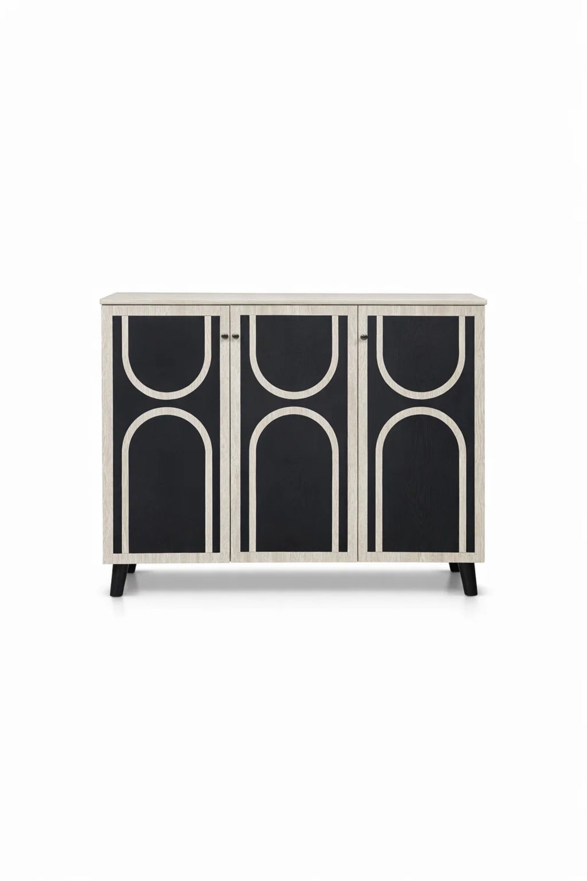 Modern Beige and Black Shoe Cabinet Sideboard with Three Doors for Stylish Hallway Organization