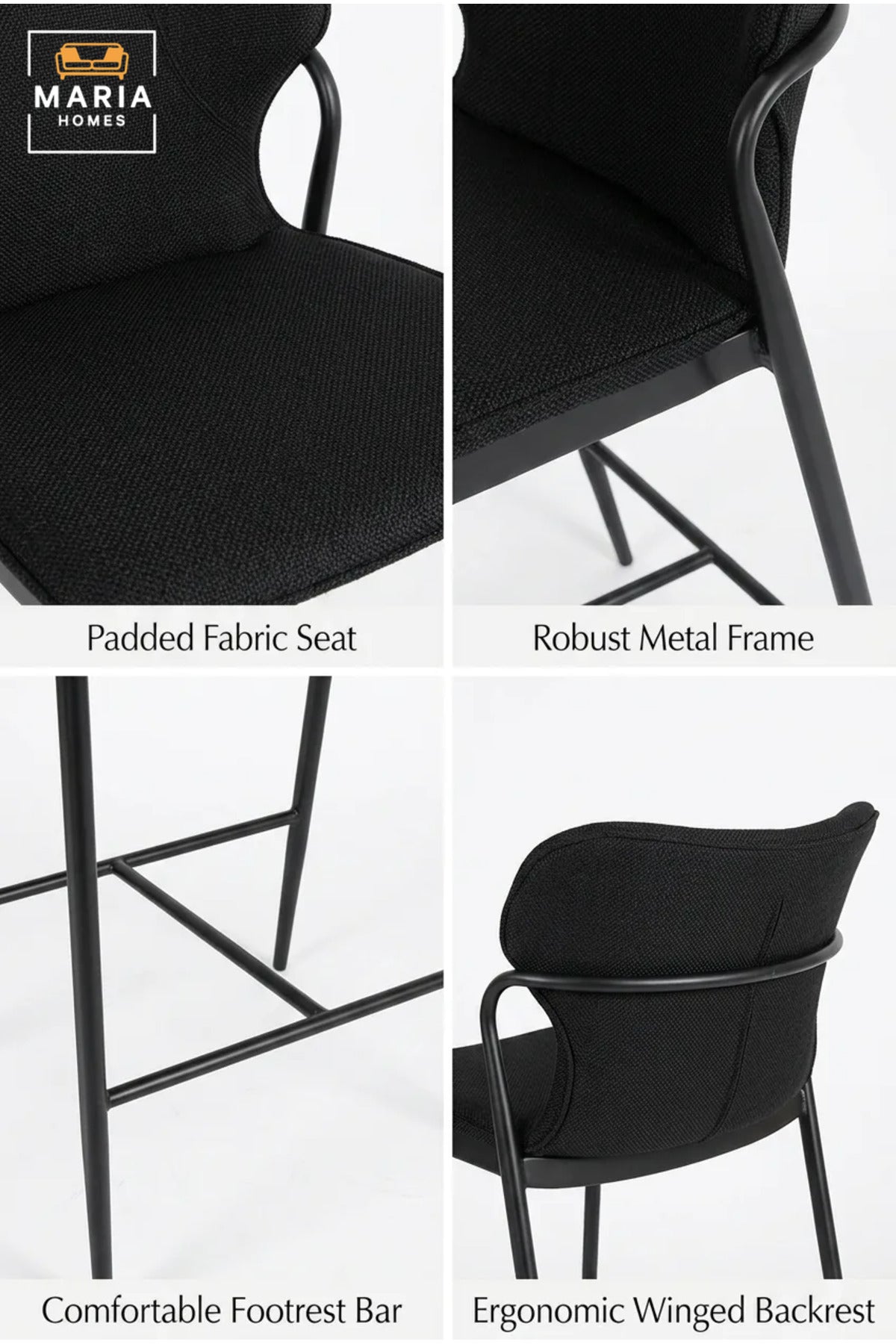 Modern Black Upholstered Bar Chair – Contemporary Counter Height Stool with Metal Frame & Footrest