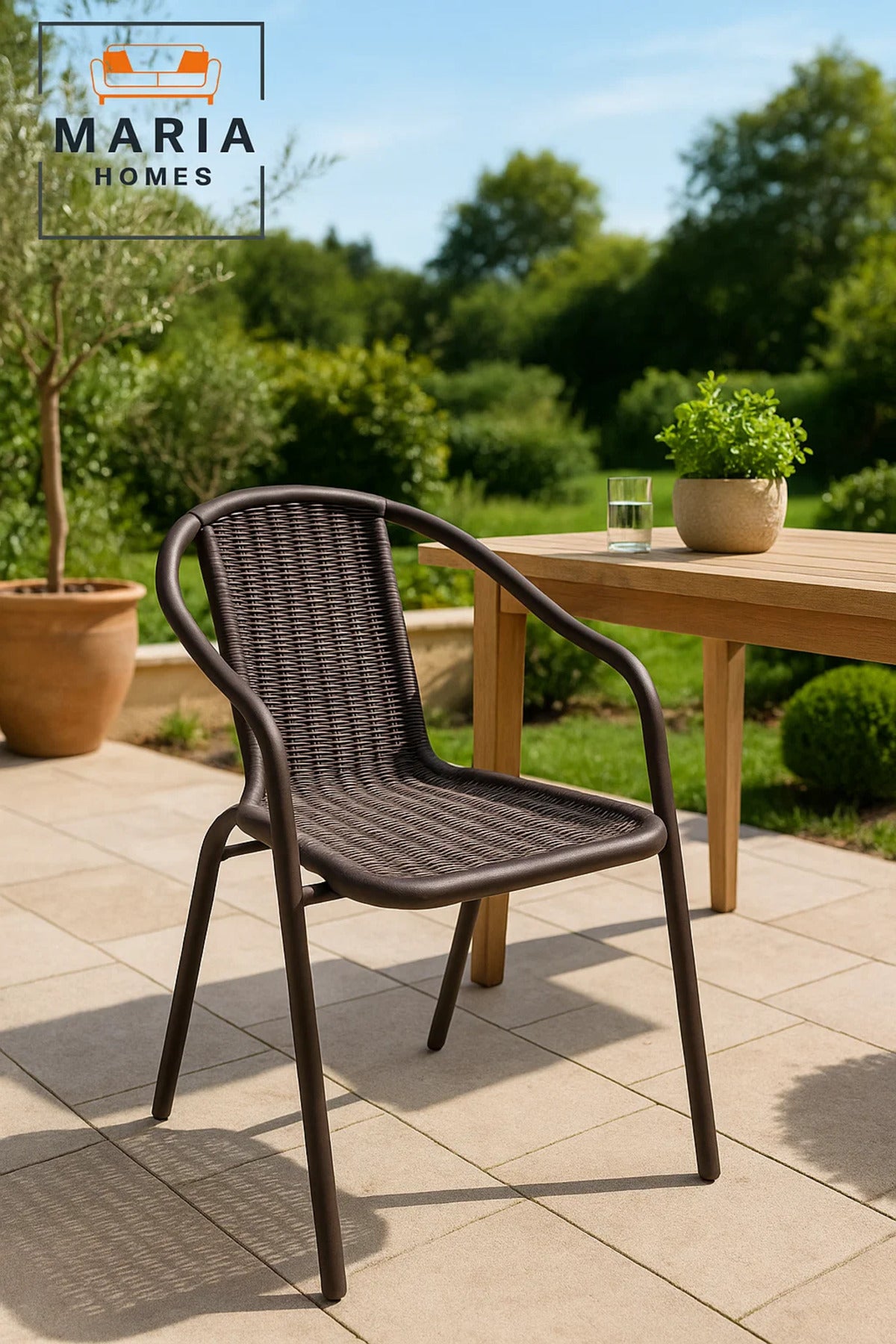 Brown Wicker-Style Plastic Chair with Armrest Ð Durable Stackable Outdoor/Indoor Seating Solution