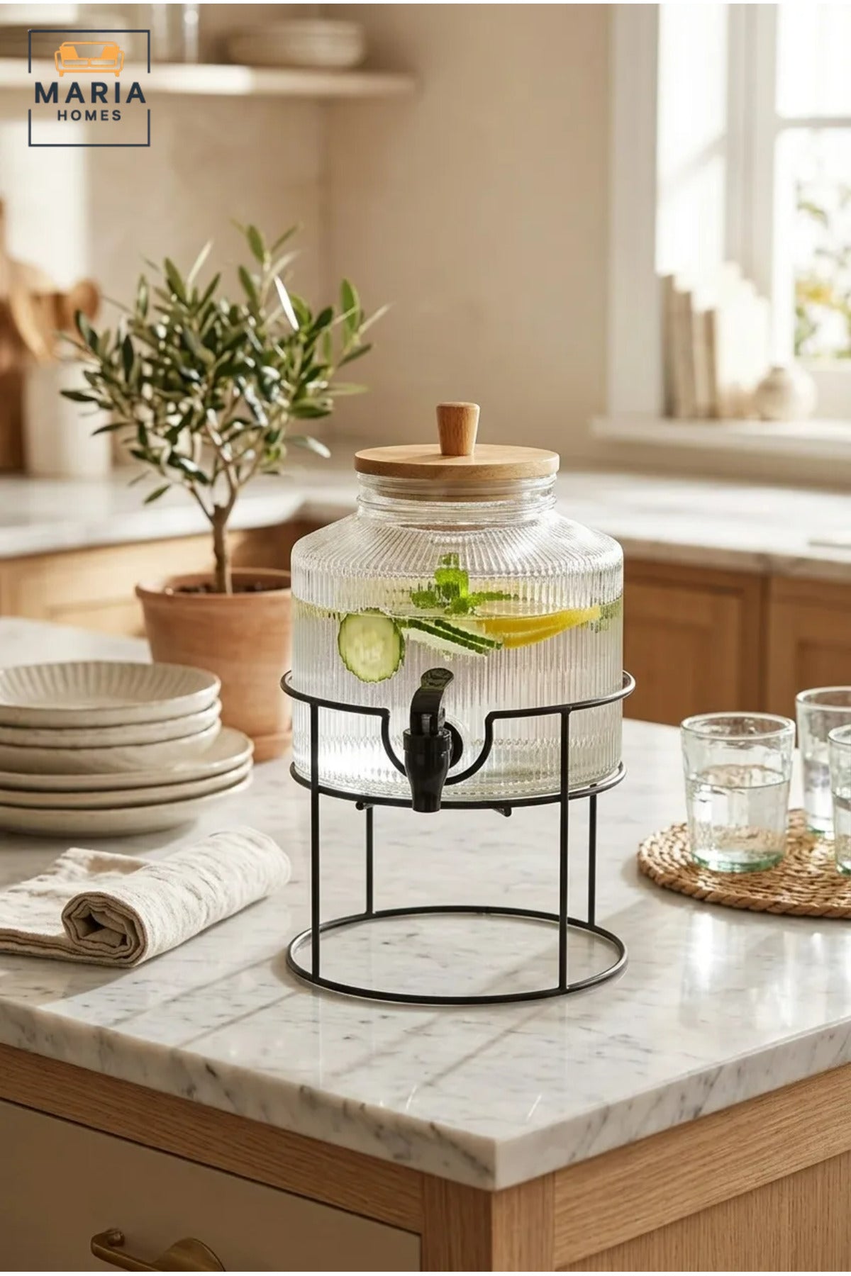 Glass Beverage Dispenser with Tap, Wooden Lid and Metal Stand, Drink Jar for Water, Juice, Lemonade, Iced Tea, Parties, Buffets and Home Use