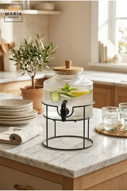 Glass Beverage Dispenser with Tap, Wooden Lid and Metal Stand, Drink Jar for Water, Juice, Lemonade, Iced Tea, Parties, Buffets and Home Use
