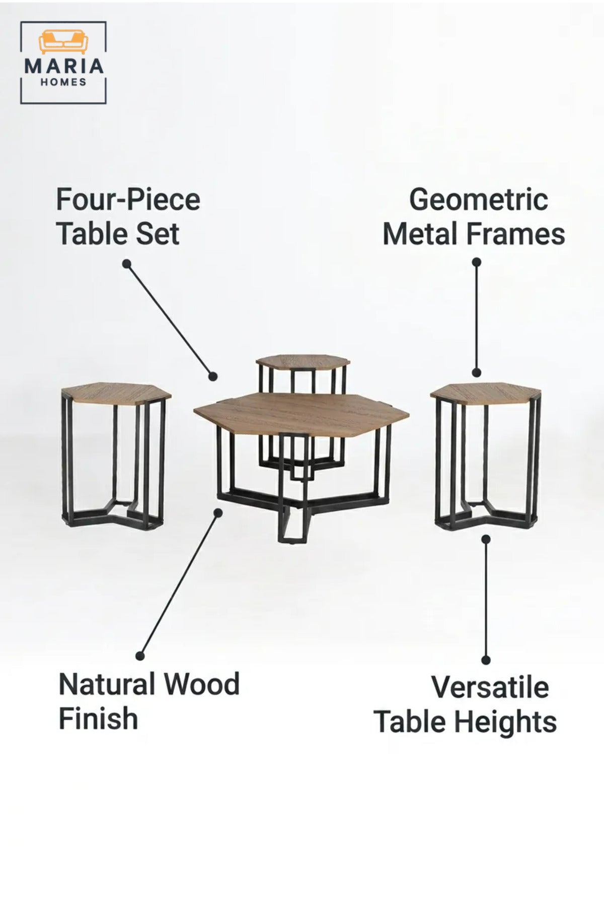 Modern Four-Piece Coffee Table Set with Hexagonal Wooden Tops and Three Nesting Side Tables, Space-Saving Accent Tables for Living Room and Lounge