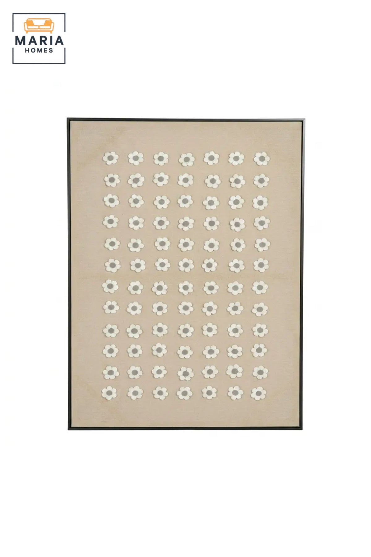 Modern Floral Textured Wall Art with Slim Black Frame, White Flower Pattern on Neutral Beige Canvas for Living Room, Bedroom, Hallway and Office Décor