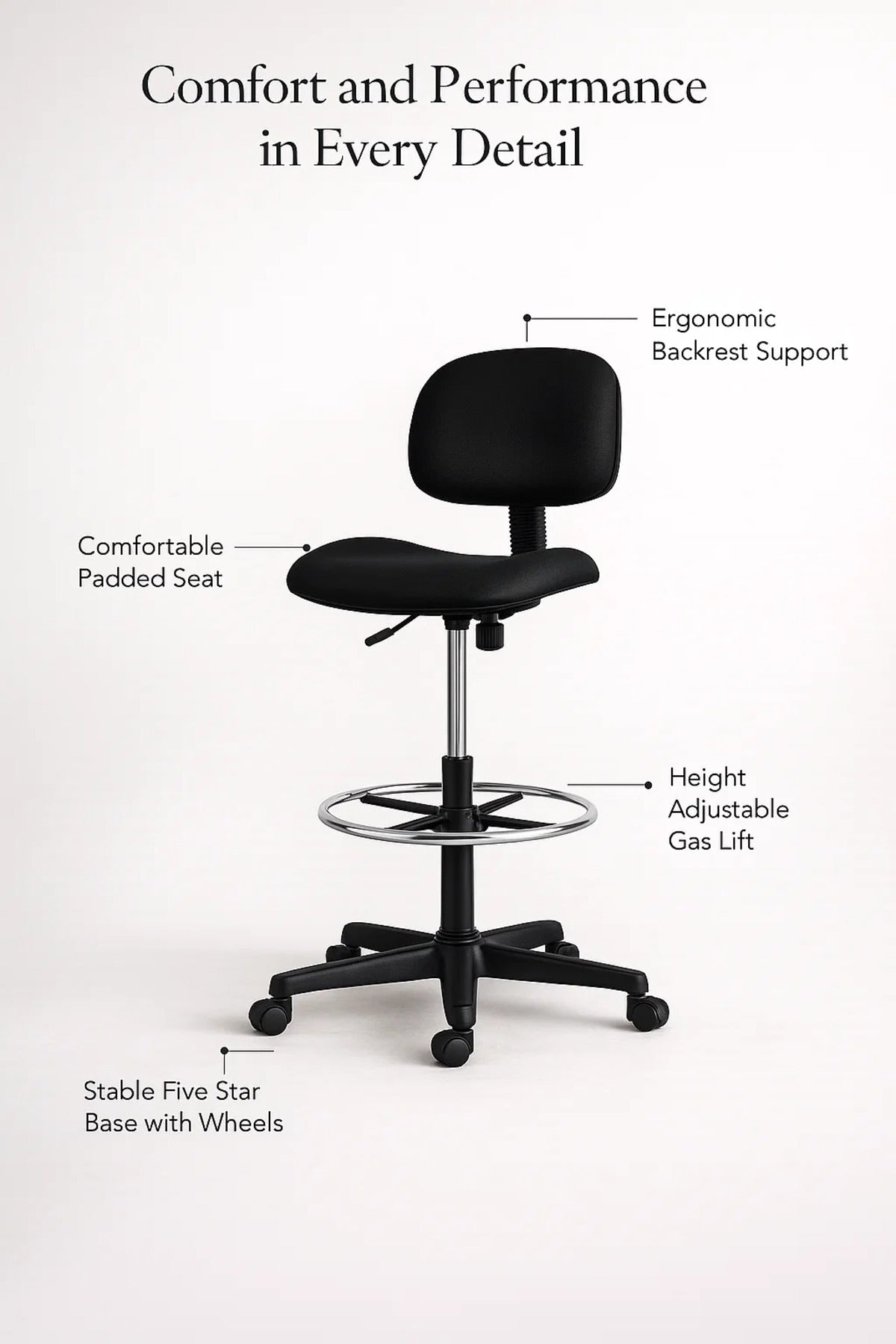 Adjustable Office Chair Black with Backrest Foot Ring and Wheels