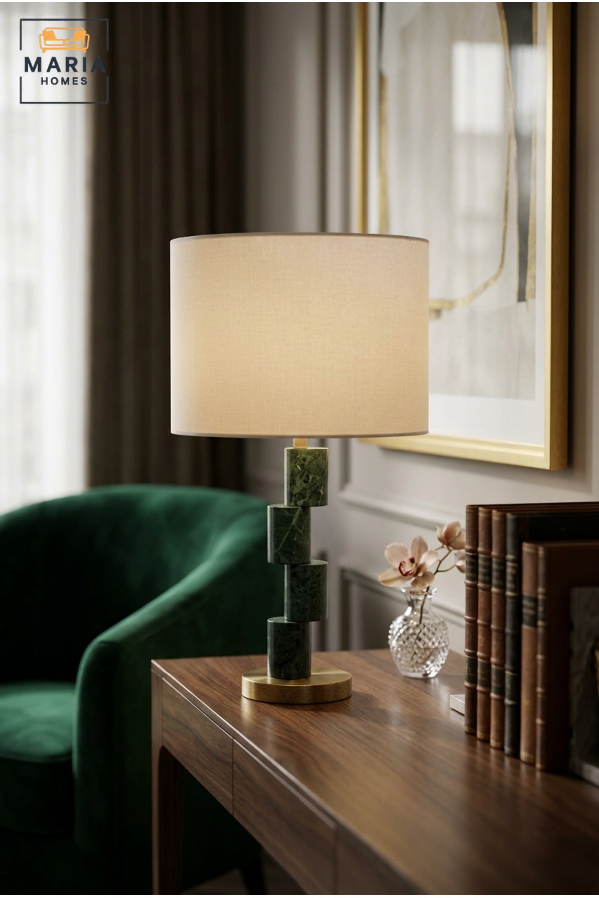 Modern Green Marble Effect Table Lamp with Geometric Column, White Fabric Drum Shade and Gold Base Decorative Bedside Light for Home and Office