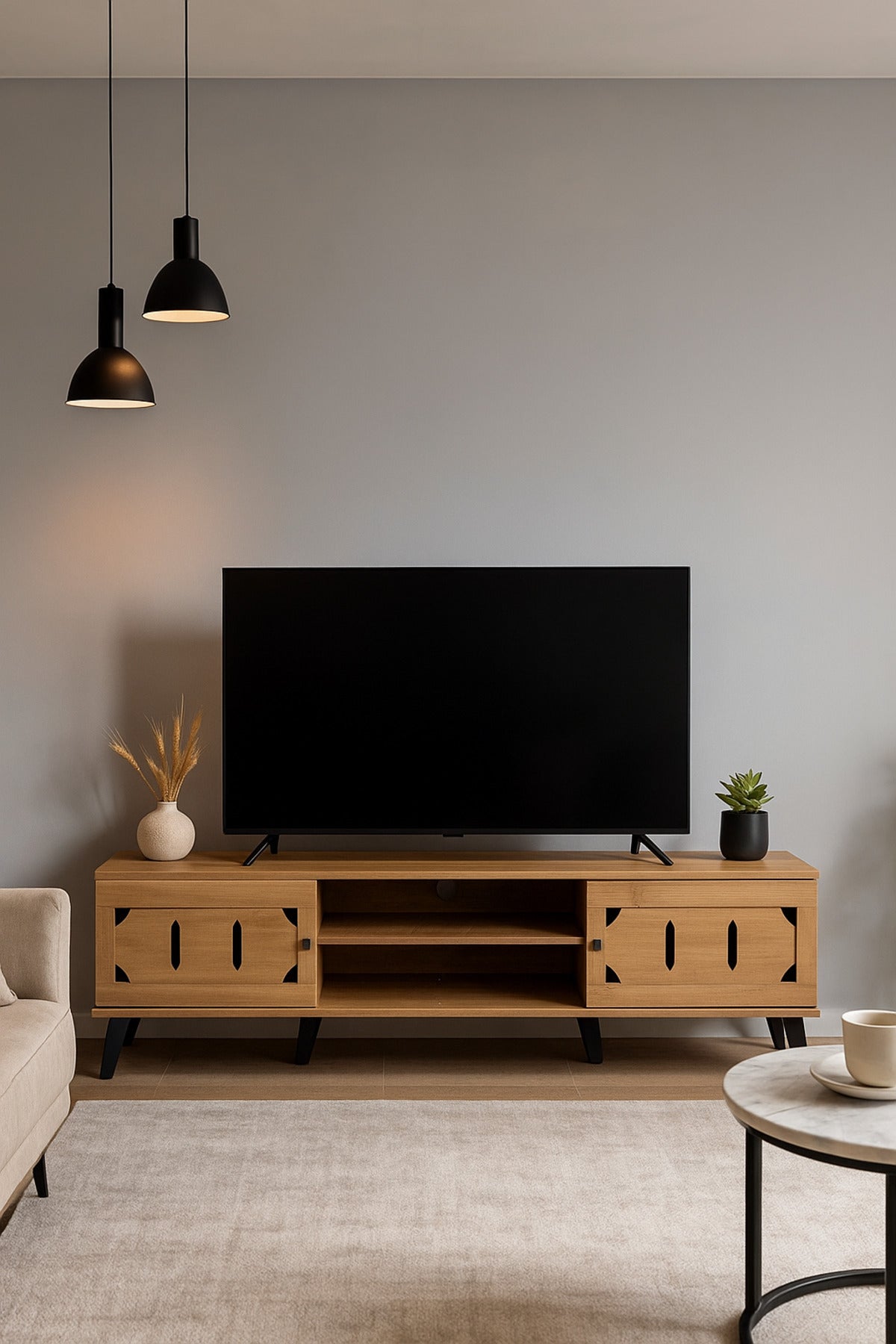 Light Brown Wooden TV Stand 180_40_44 cm Ð Modern TV Unit with Cutout Design Doors and Open Shelves