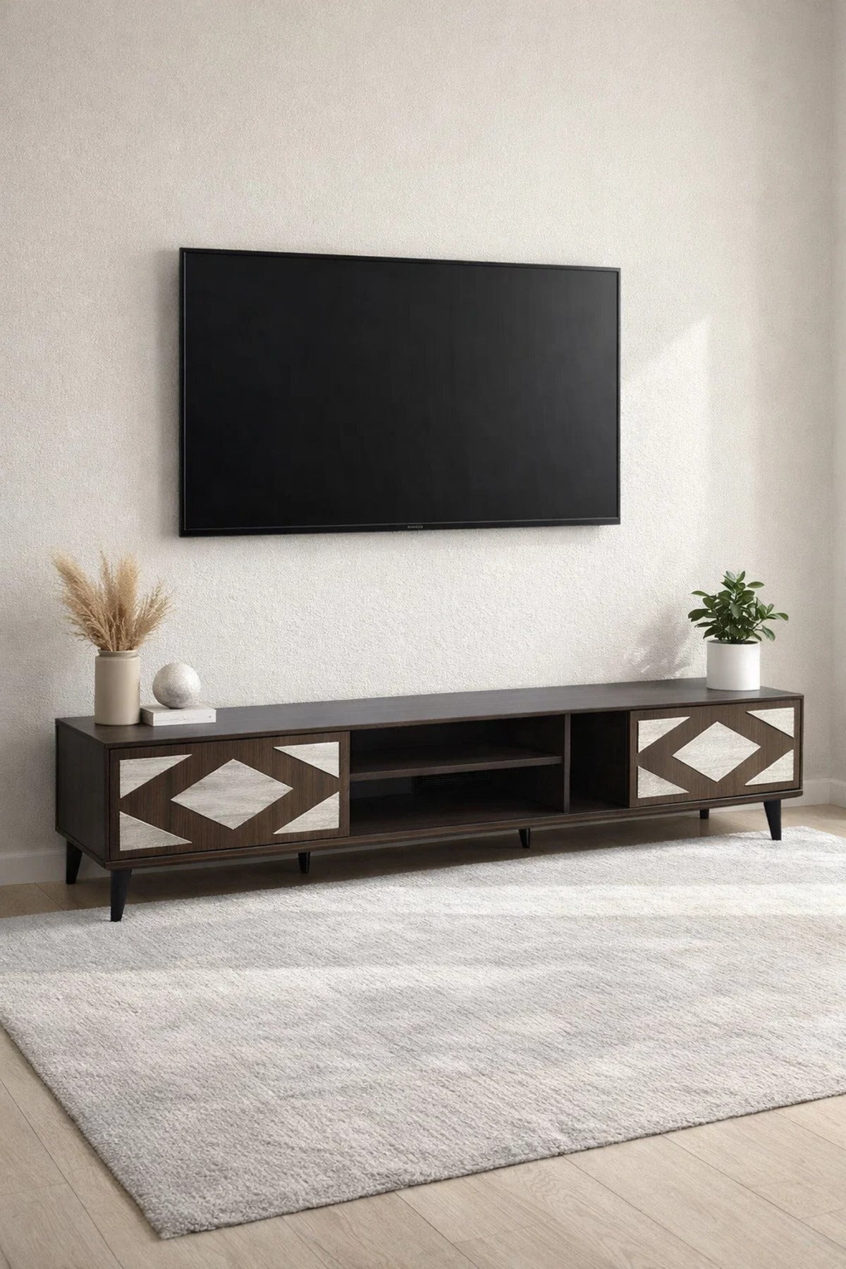 Stylish Geometric TV Unit Lowboard Media Console with Storage Shelves for Modern Living Room