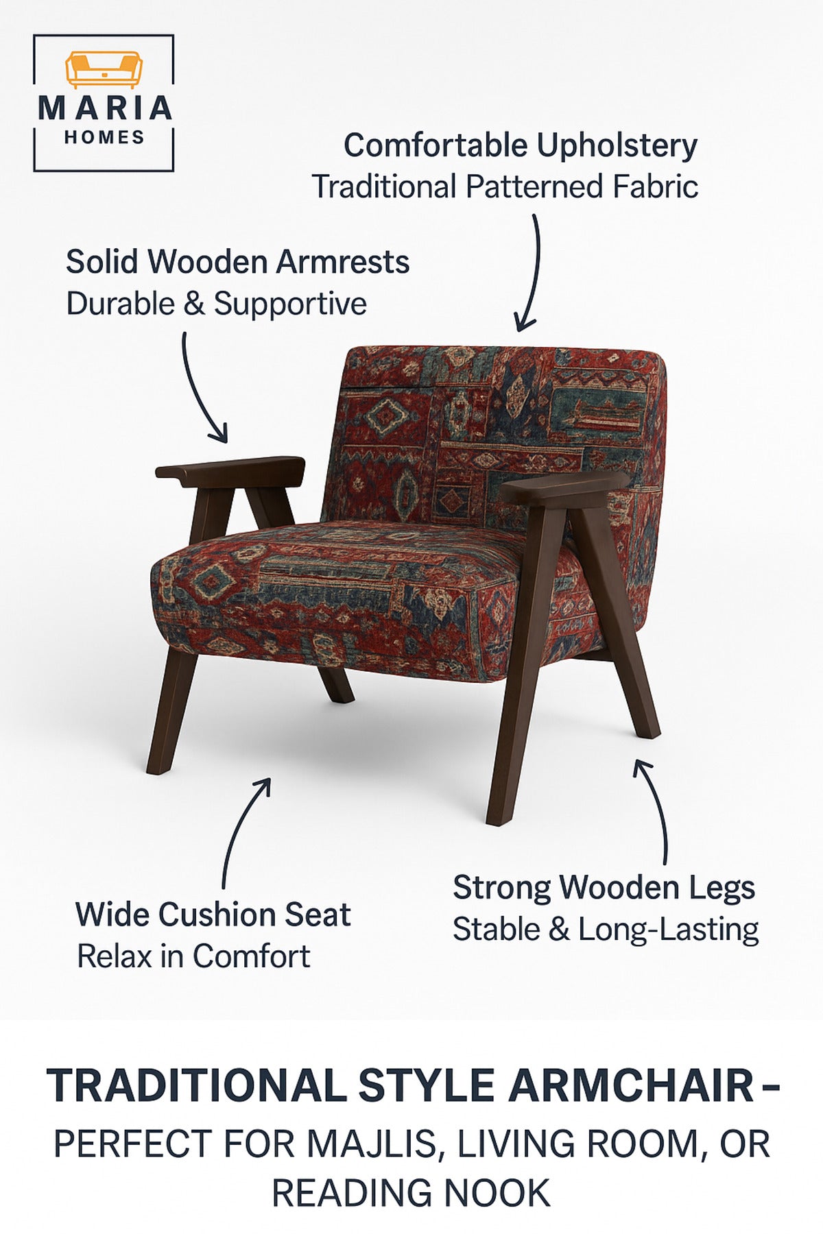 Traditional Armchair Ð Vintage Wooden Frame Single Sofa with Patterned Fabric Upholstery