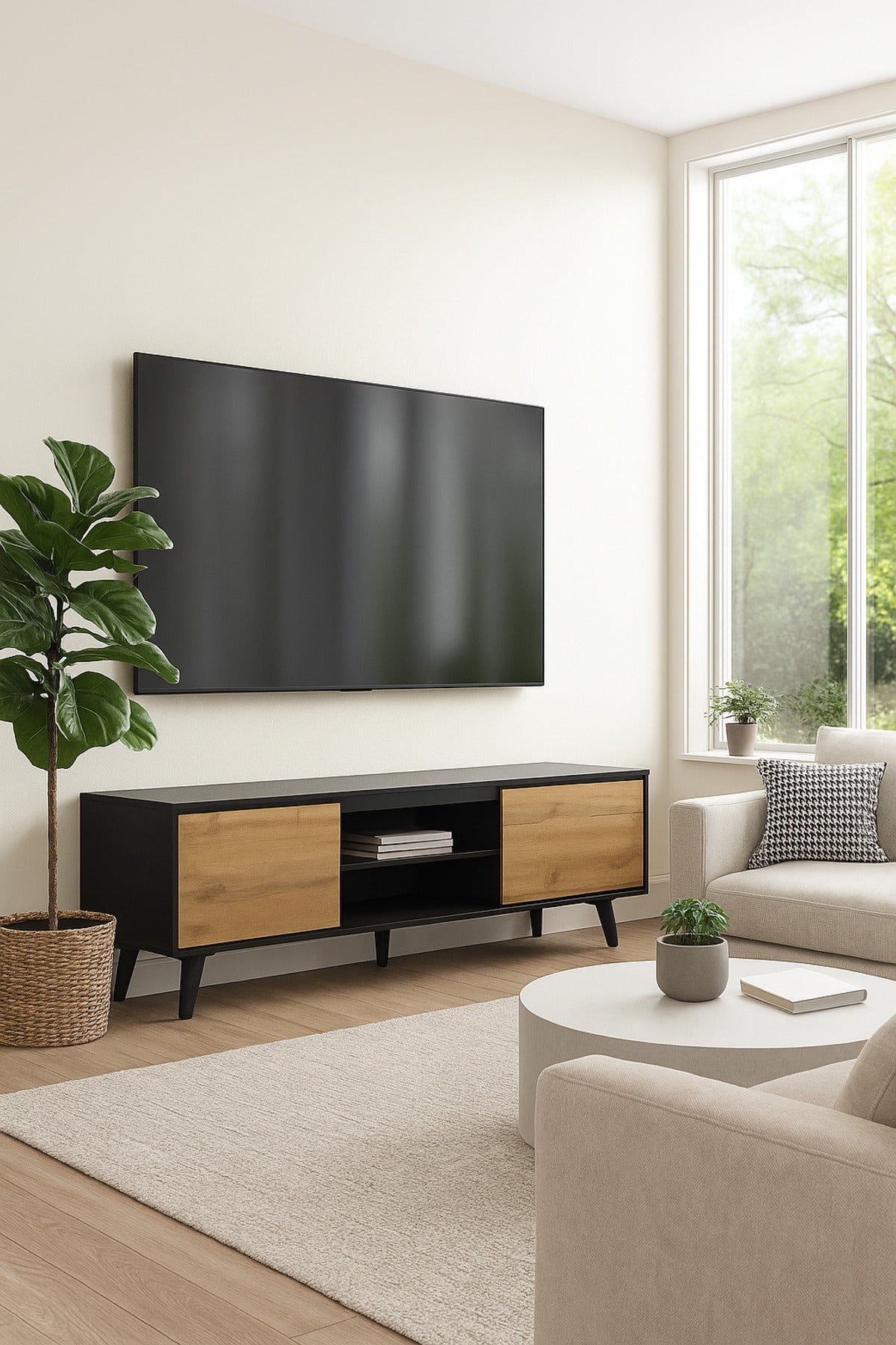 Walnut and Black Wooden TV Stand 180_40_57 cm Ð Modern 2-Door TV Unit with Open Shelves
