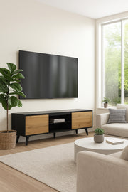 Walnut and Black Wooden TV Stand 180_40_57 cm Ð Modern 2-Door TV Unit with Open Shelves