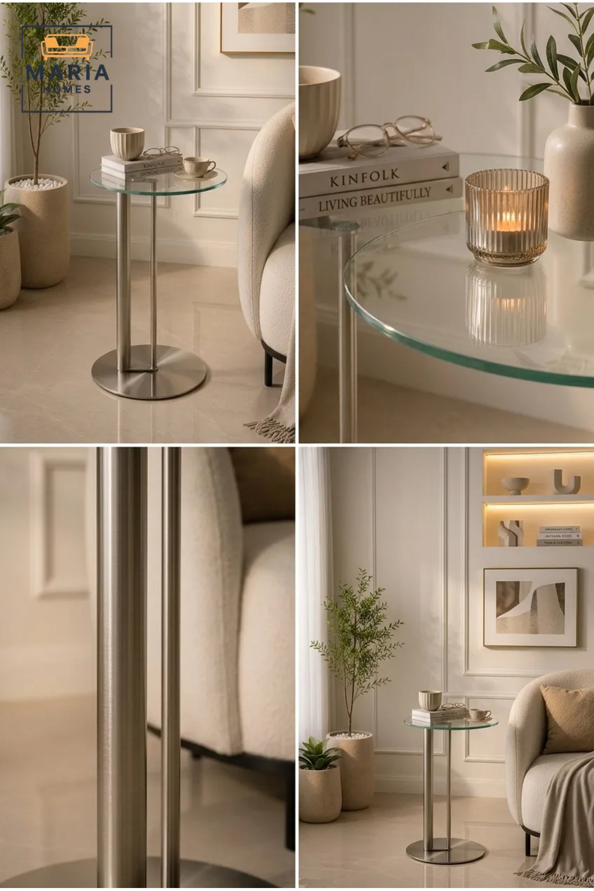 Modern Round Glass Side Table with Brushed Stainless Steel Base and Contemporary Accent Design
