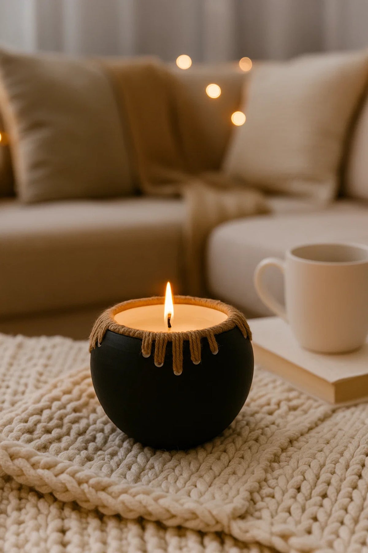 Black Ceramic Bowl Planter – Modern Decorative Pot with Twine Rope Accent for Home and Office Décor