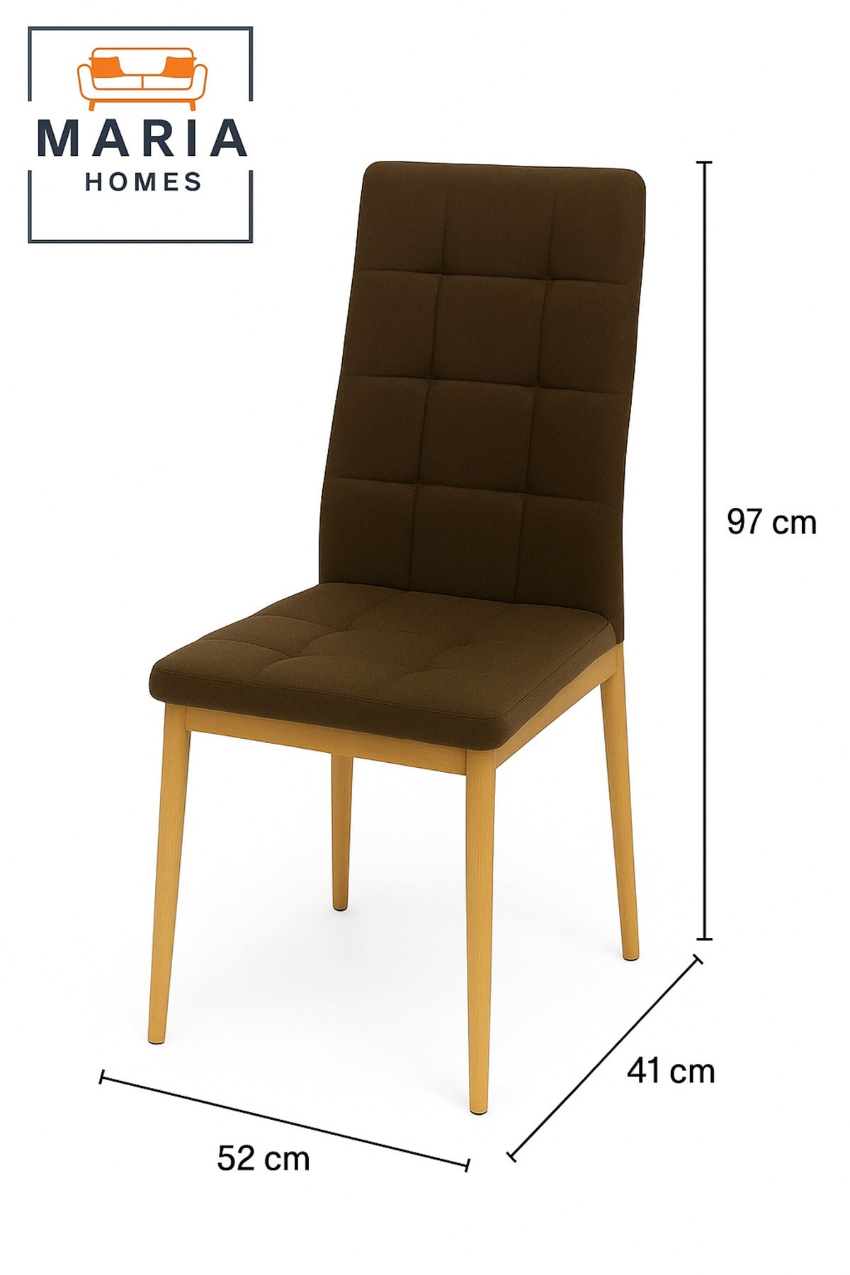 High Back Brown Fabric Dining Chair Ð Padded Upholstery with Wood Legs for Home or Restaurant Use
