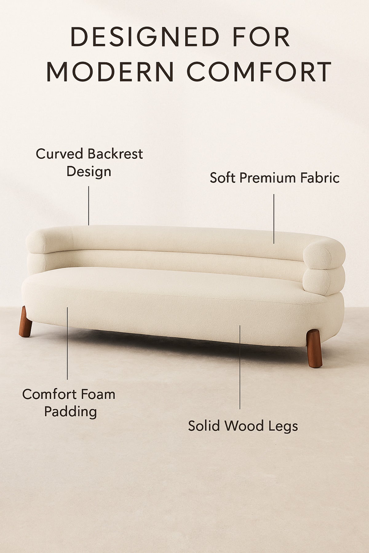 Modern Cream Bubble Sofa Ð Contemporary Fabric Couch with Rounded Backrest & Wooden Legs