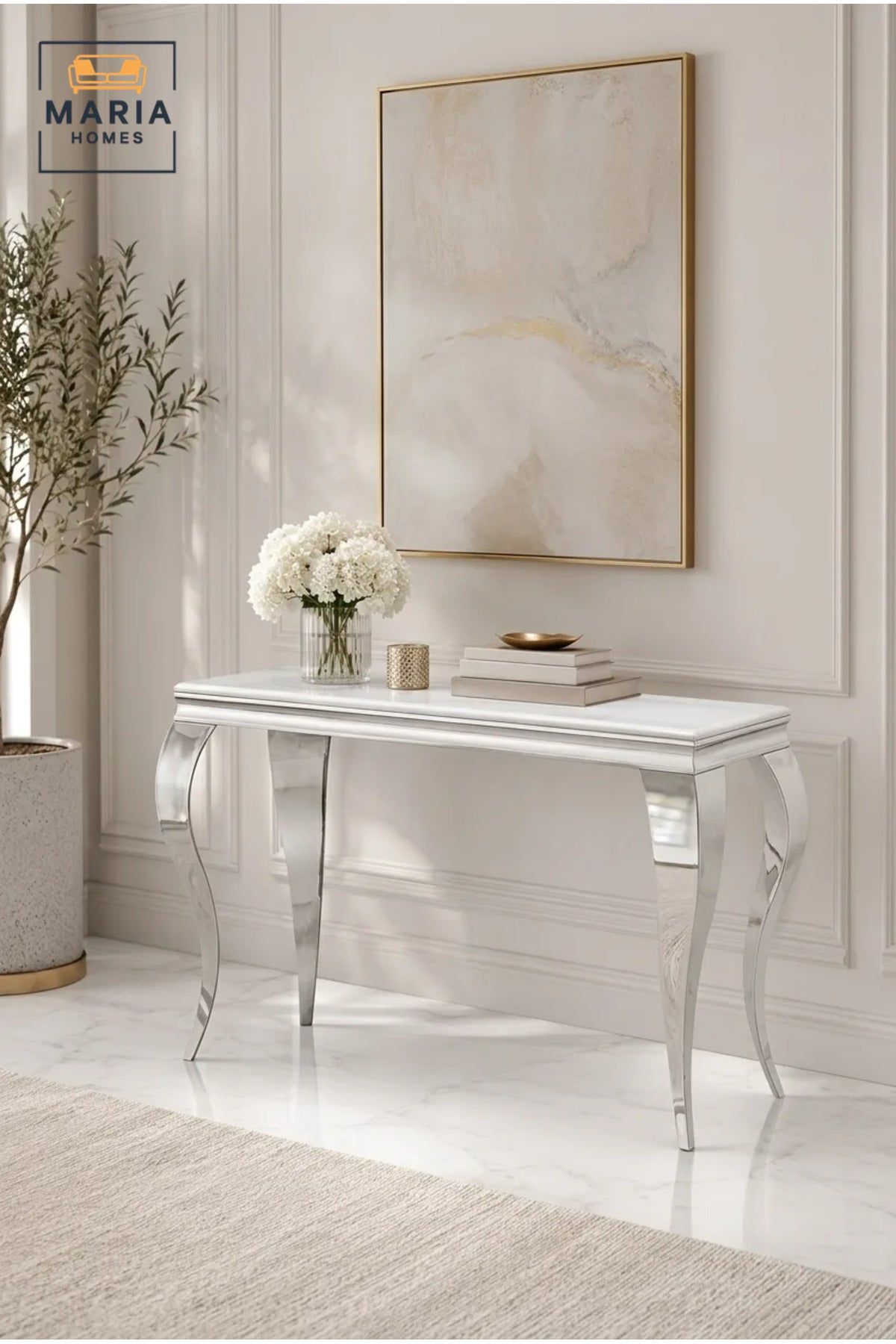 Luxury Silver Console Table with Marble Look Top √ê Modern Entryway & Hallway Accent Table