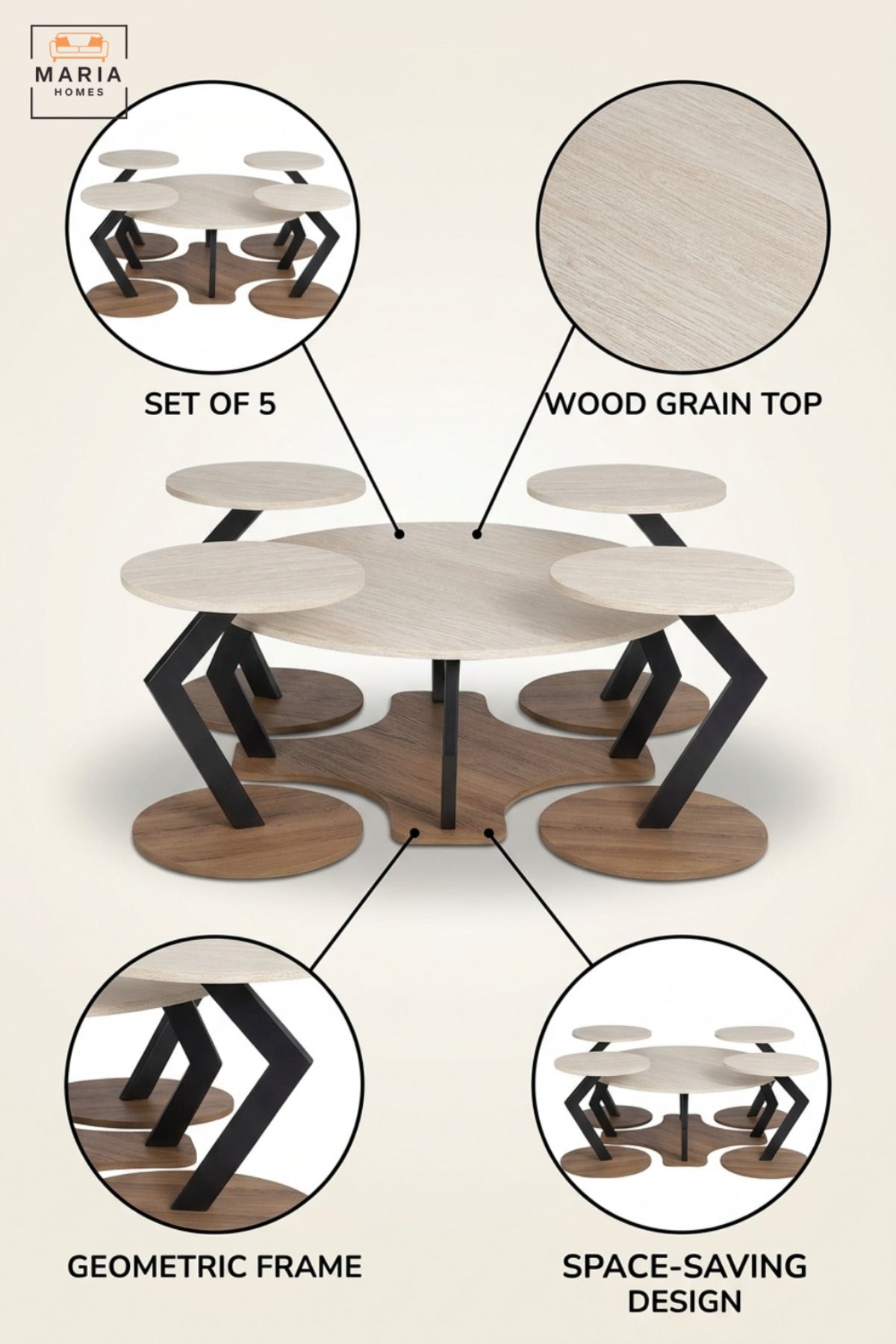 Modern Round Center Table Set of 5 Pieces with 1 Large Center Table & 4 Small Side Tables, Space Saving Coffee Table Set for Living Room Lounge, Large 90 x 45 CM, Small 40 x 55 CM