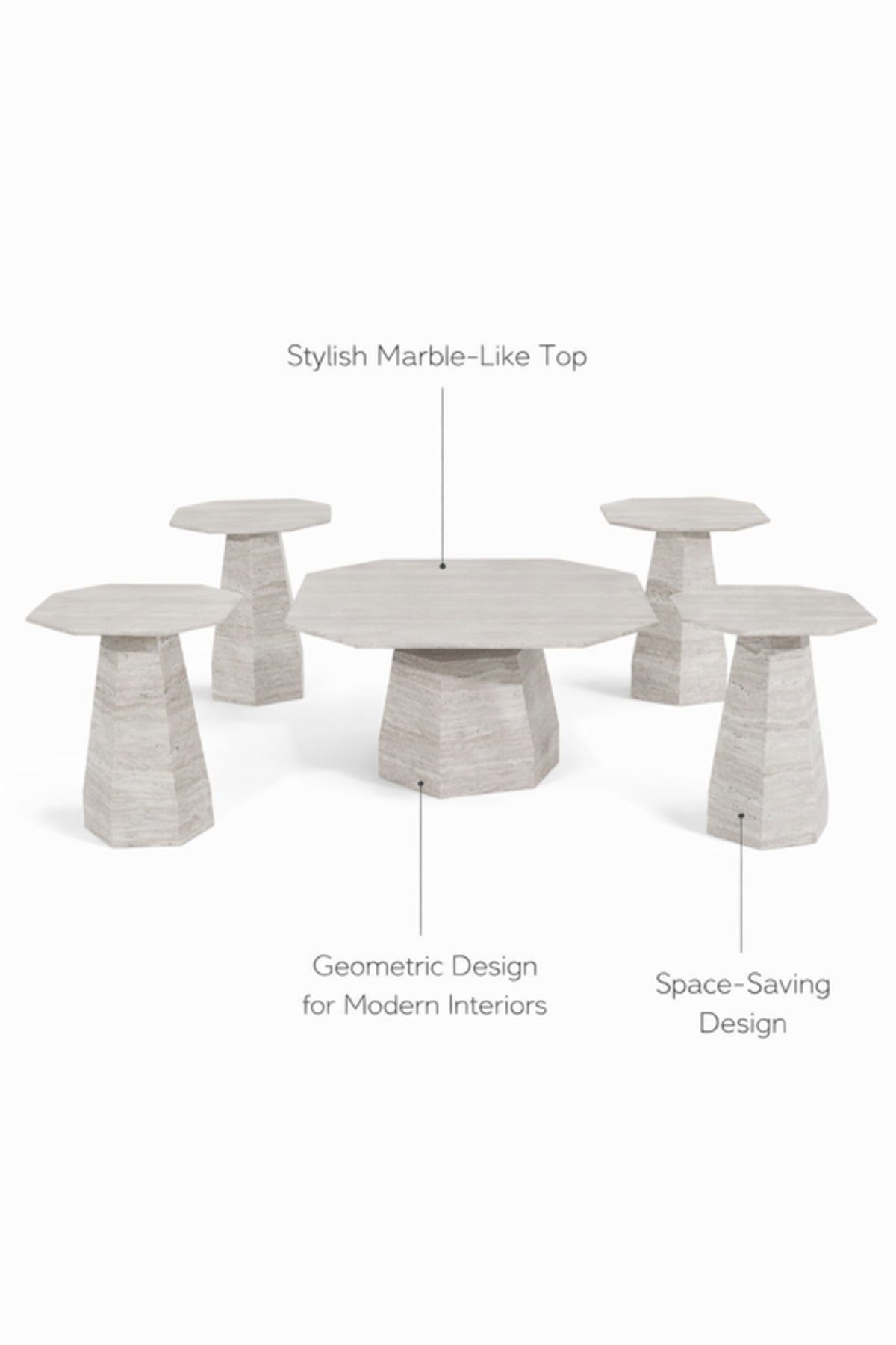 Light Wood Marble Tea Table Set 1+4 Center 85_85_45 CM with 4 Side Tables 45_45_55