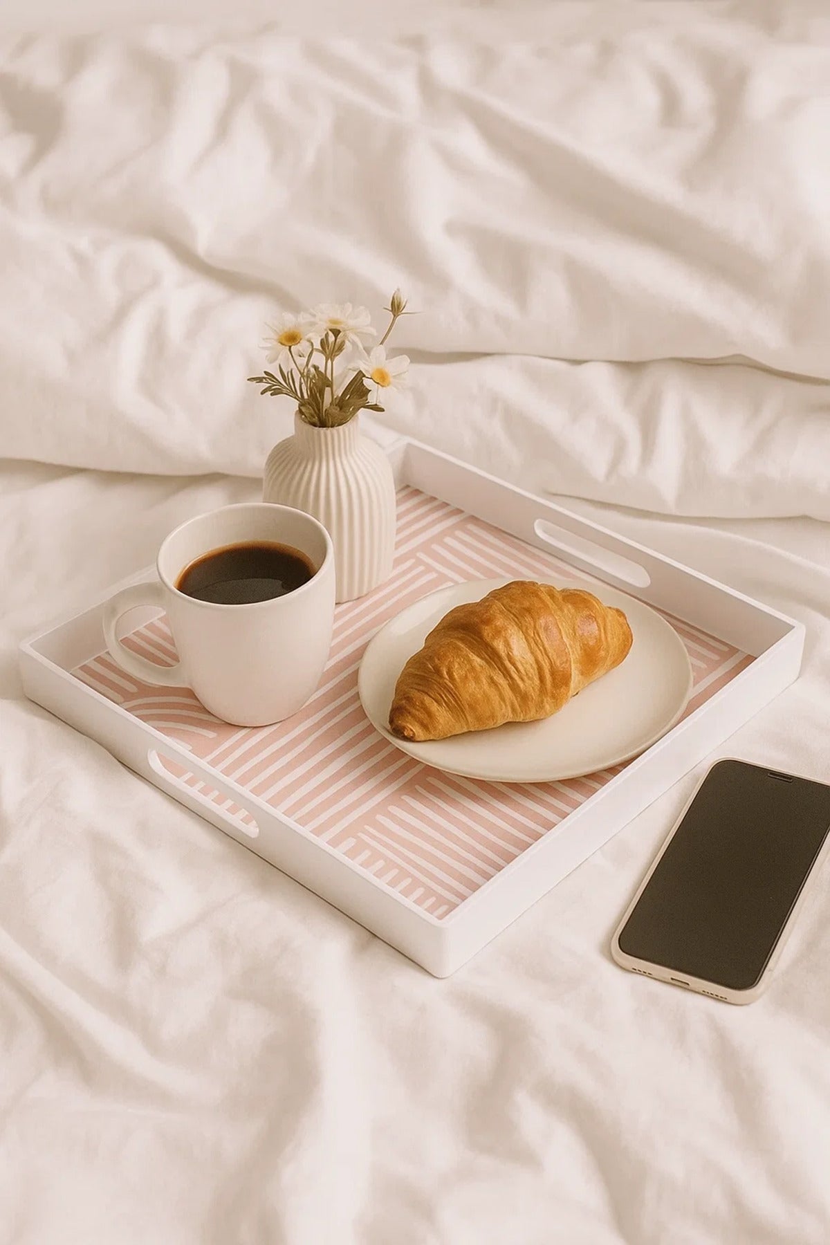 Square Serving Tray with Pink Geometric Print Ðsize 35*35cm White Frame and Cutout Handles