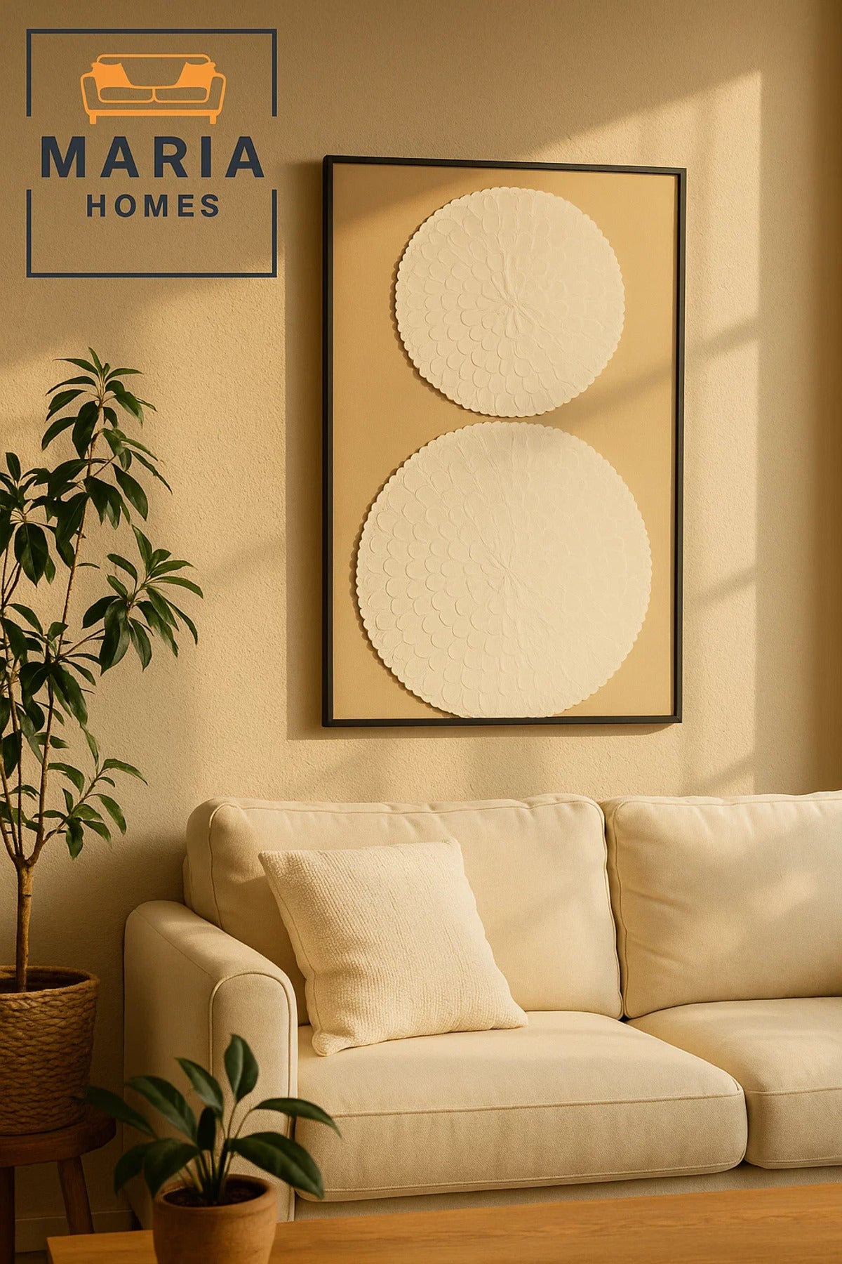 Framed Textured Wall Art Ð White Floral Mandala Design on Beige Canvas and Size 80*120cm