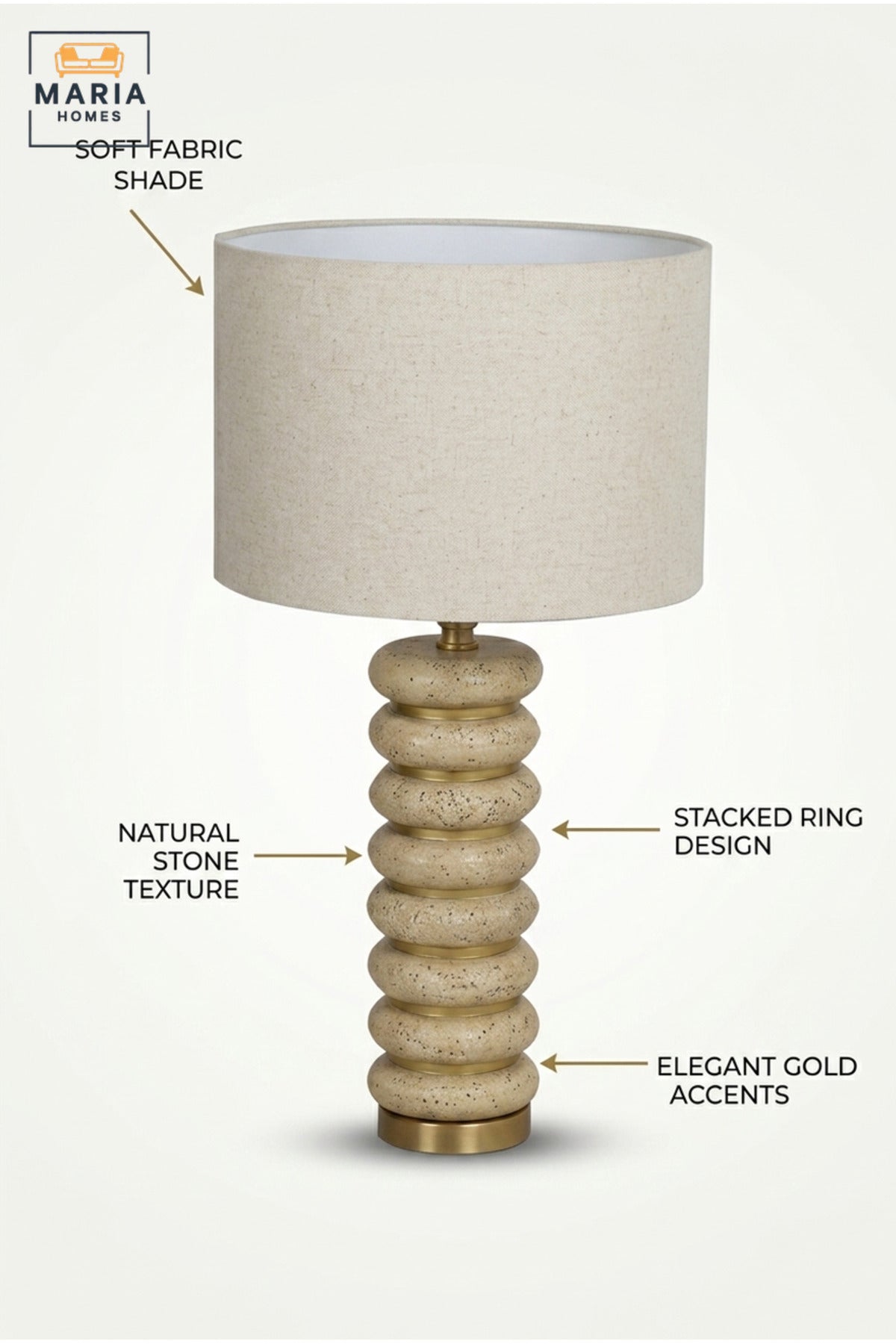 Modern Sculptural Table Lamp with Beige Drum Fabric Shade, Stacked Ring Textured Base and Gold Tone Accents for Bedroom, Living Room, Office and Hotel