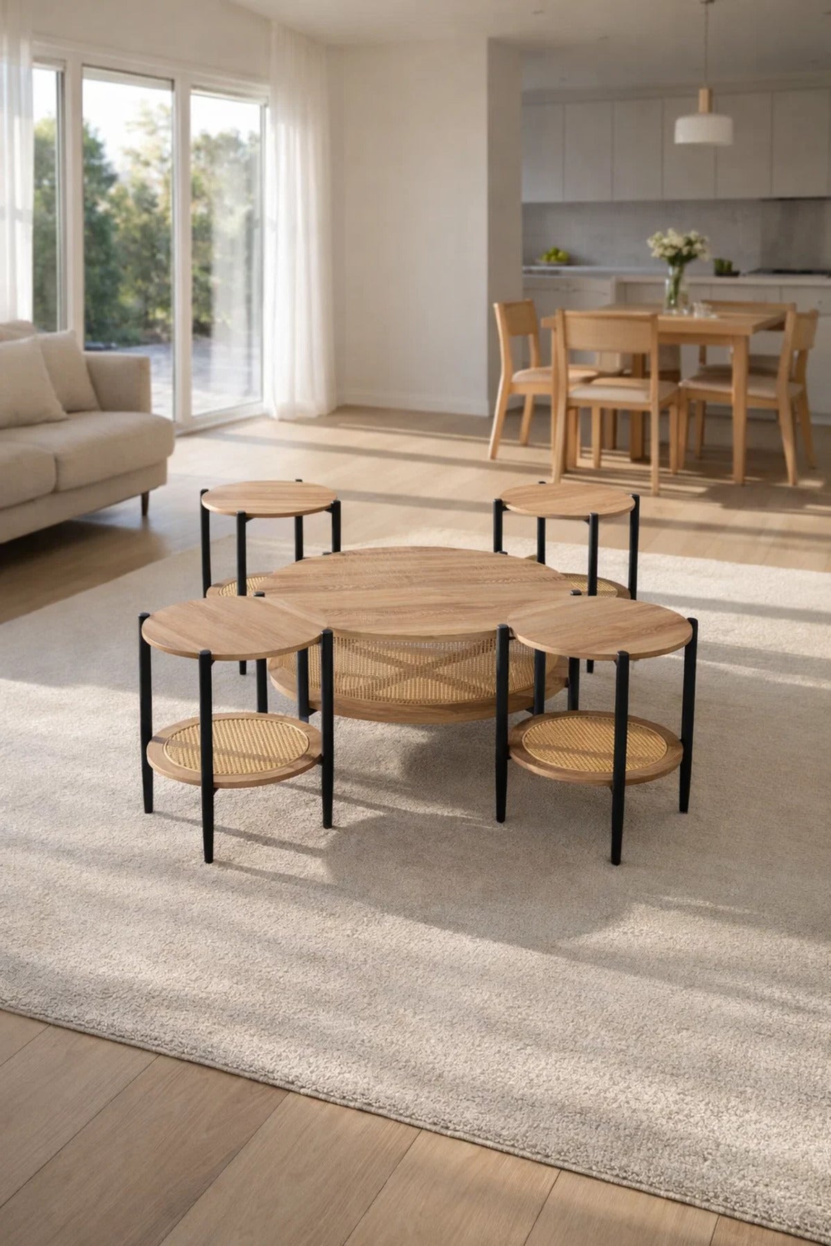 Modern 5-Piece Round Nesting Coffee Table Set with Wood Top and Rattan Shelf for Living Room